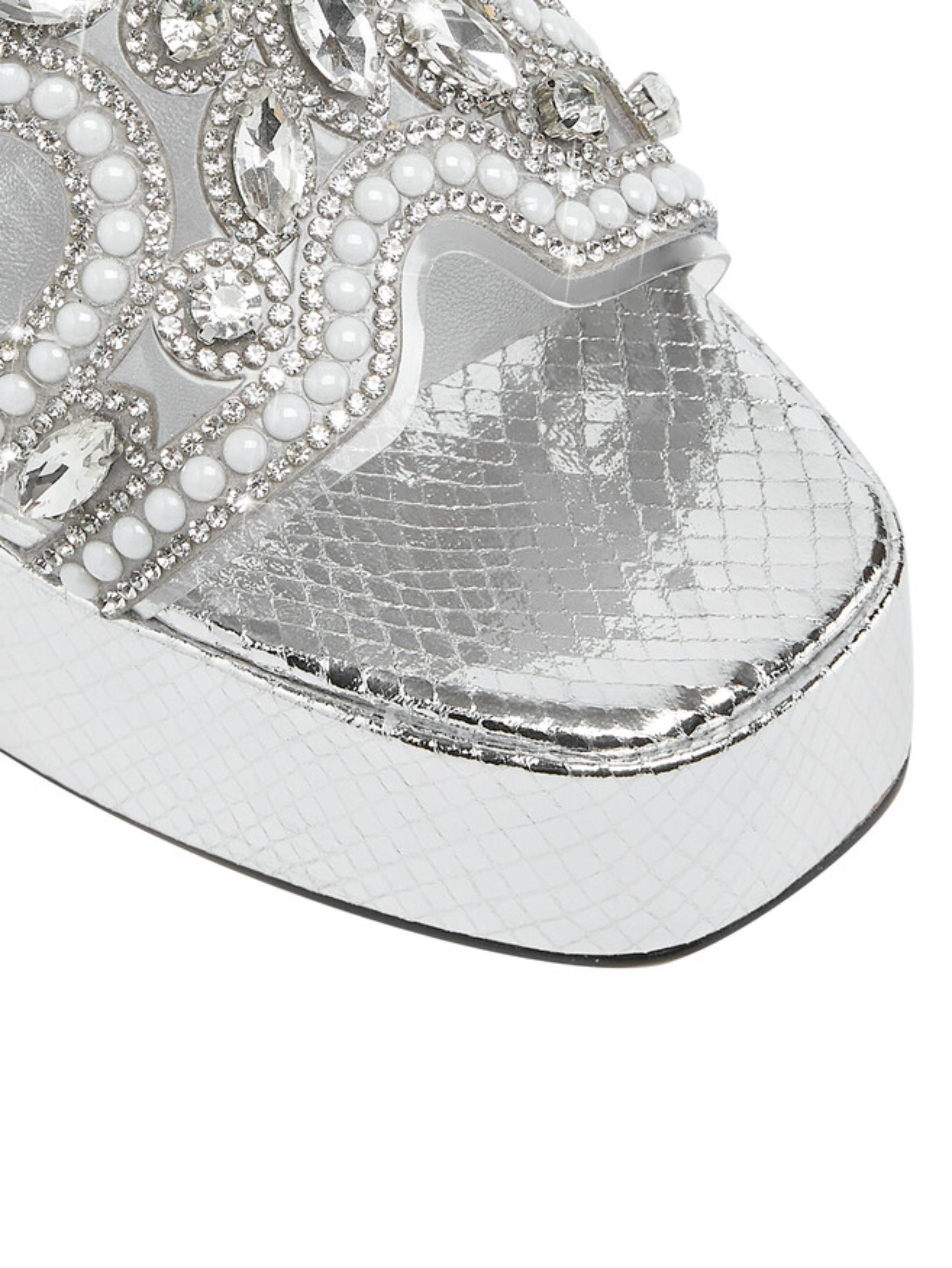 Pearl Accents Block Heel Platform Silver Sandals for Women