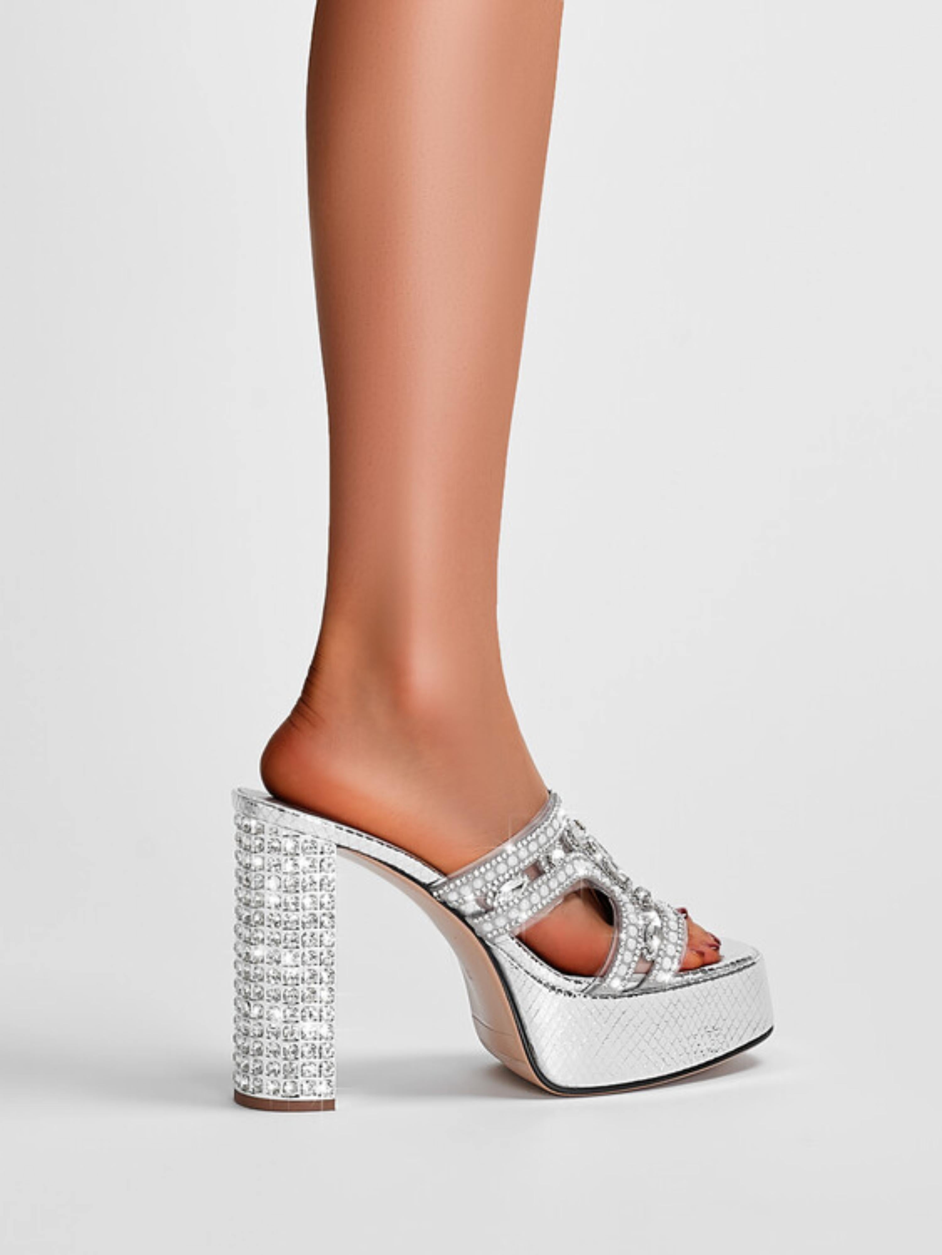 Pearl Accents Block Heel Platform Silver Sandals for Women