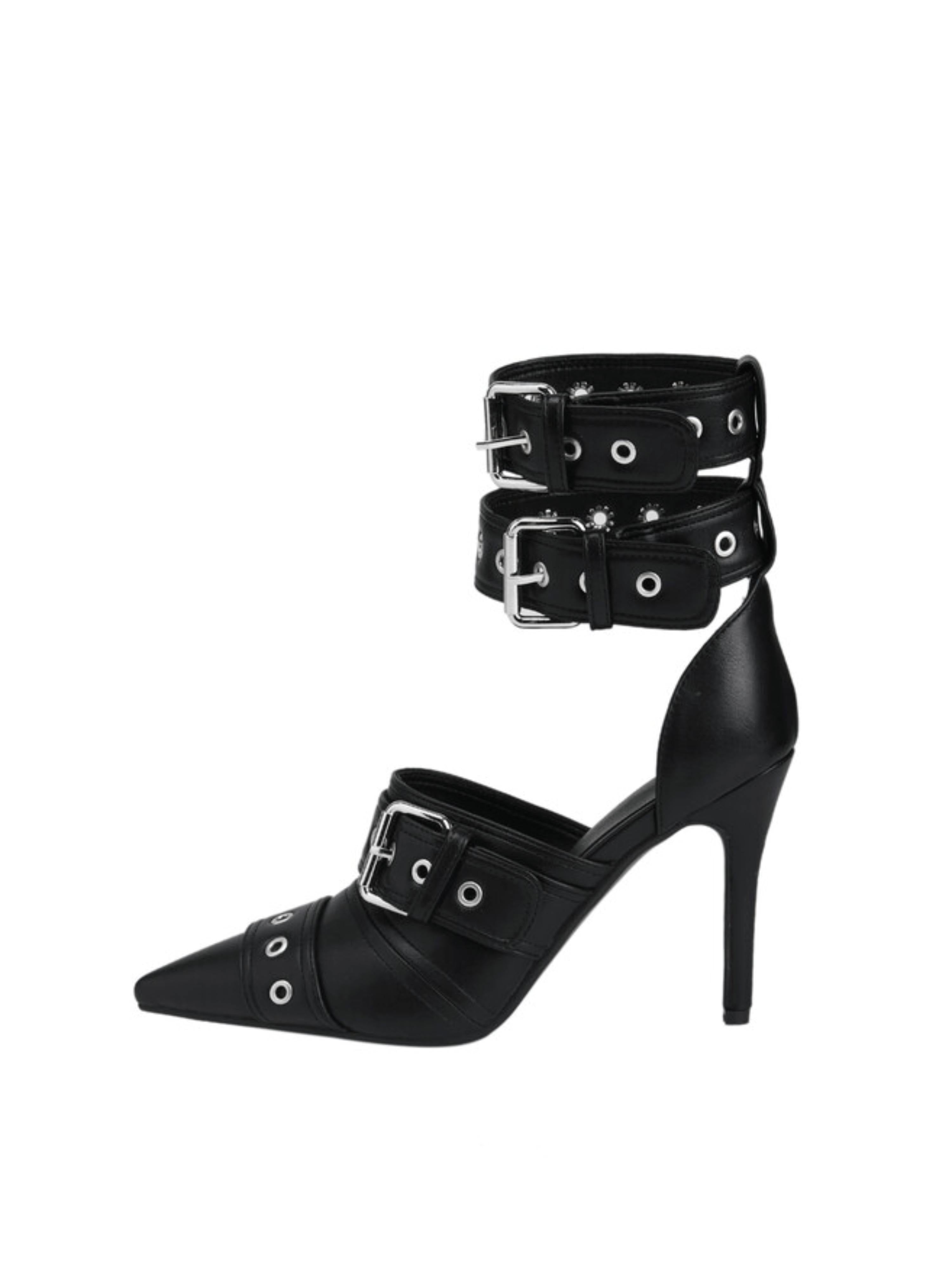 Gothic Charm Double Buckle Stiletto Black Sandals for Women