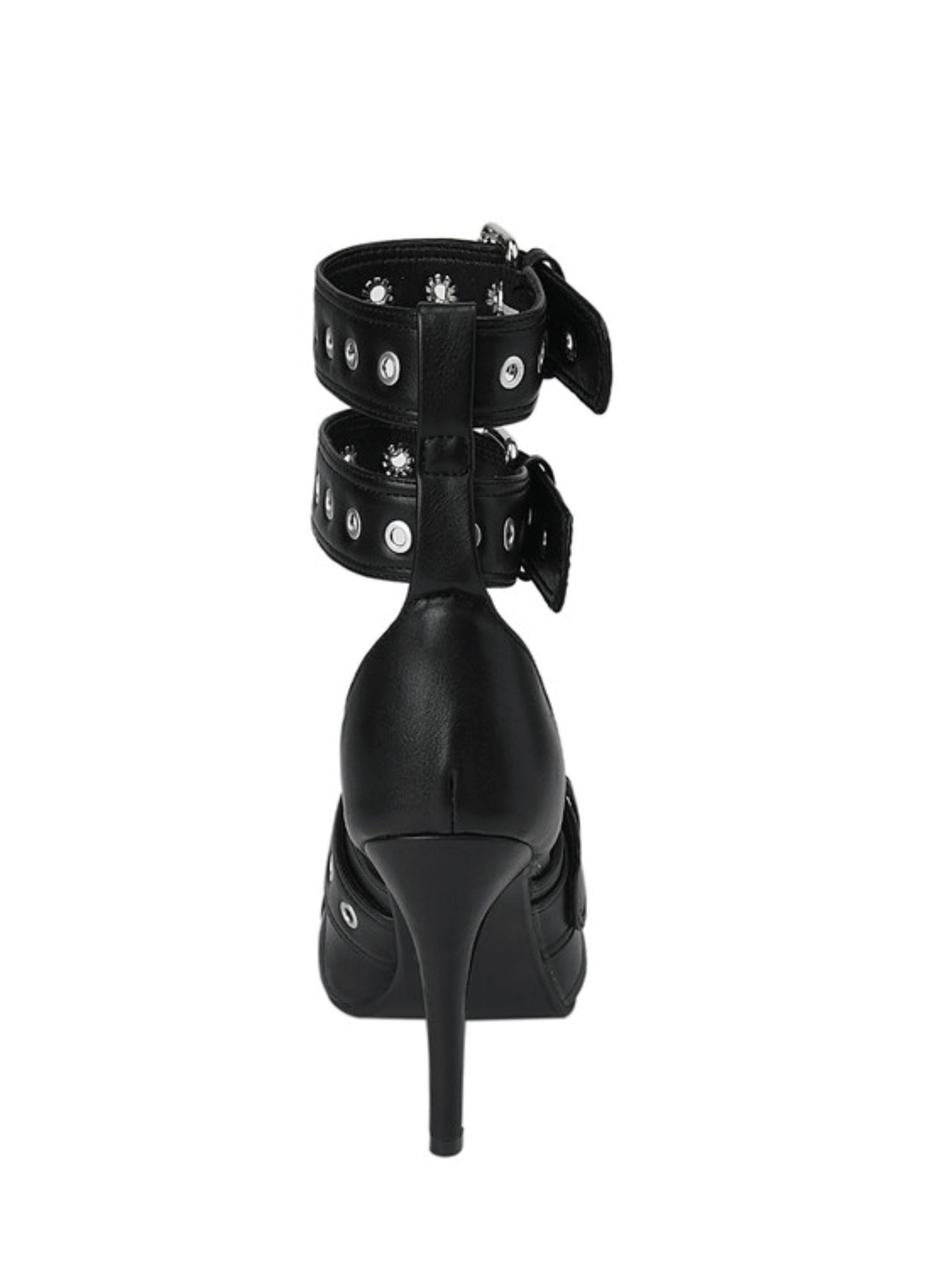 Gothic Charm Double Buckle Stiletto Black Sandals for Women