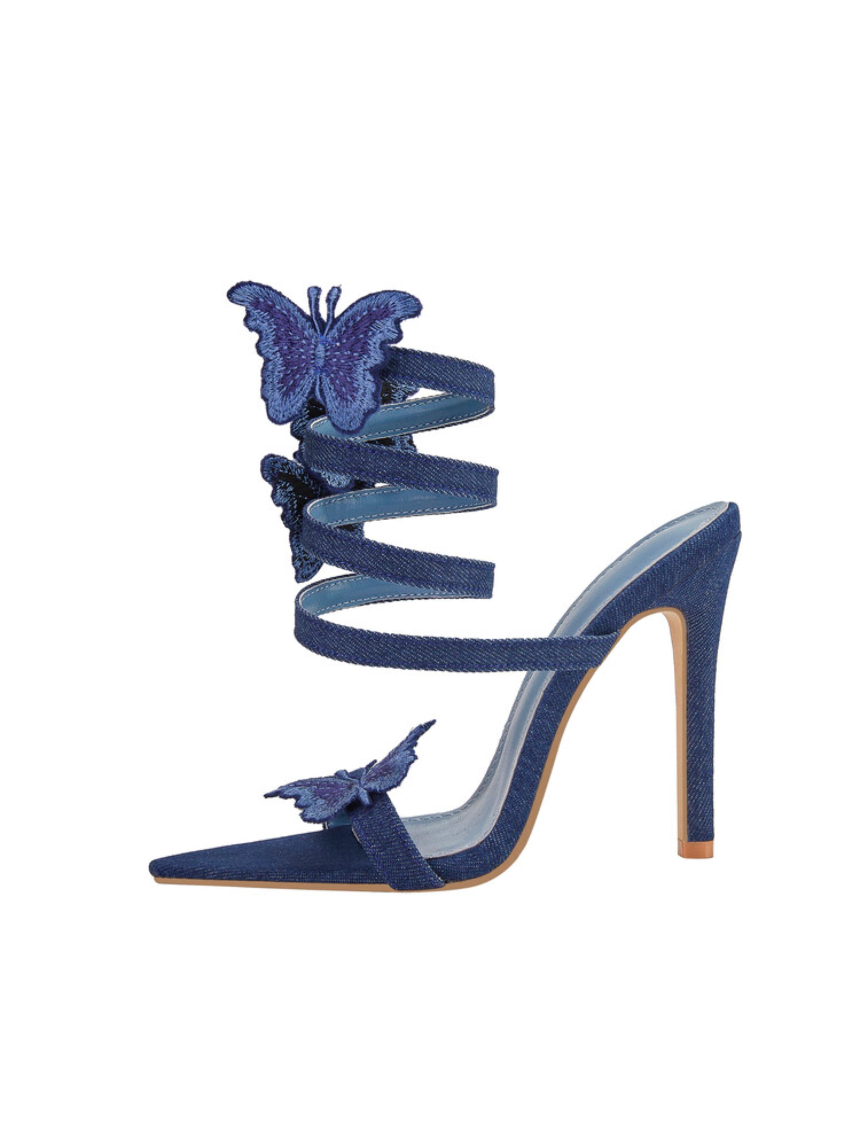 Butterfly Charm Denim Stiletto Sandals for Women