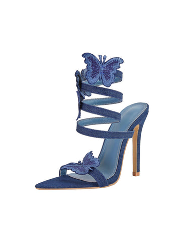 Butterfly Charm Denim Stiletto Sandals for Women