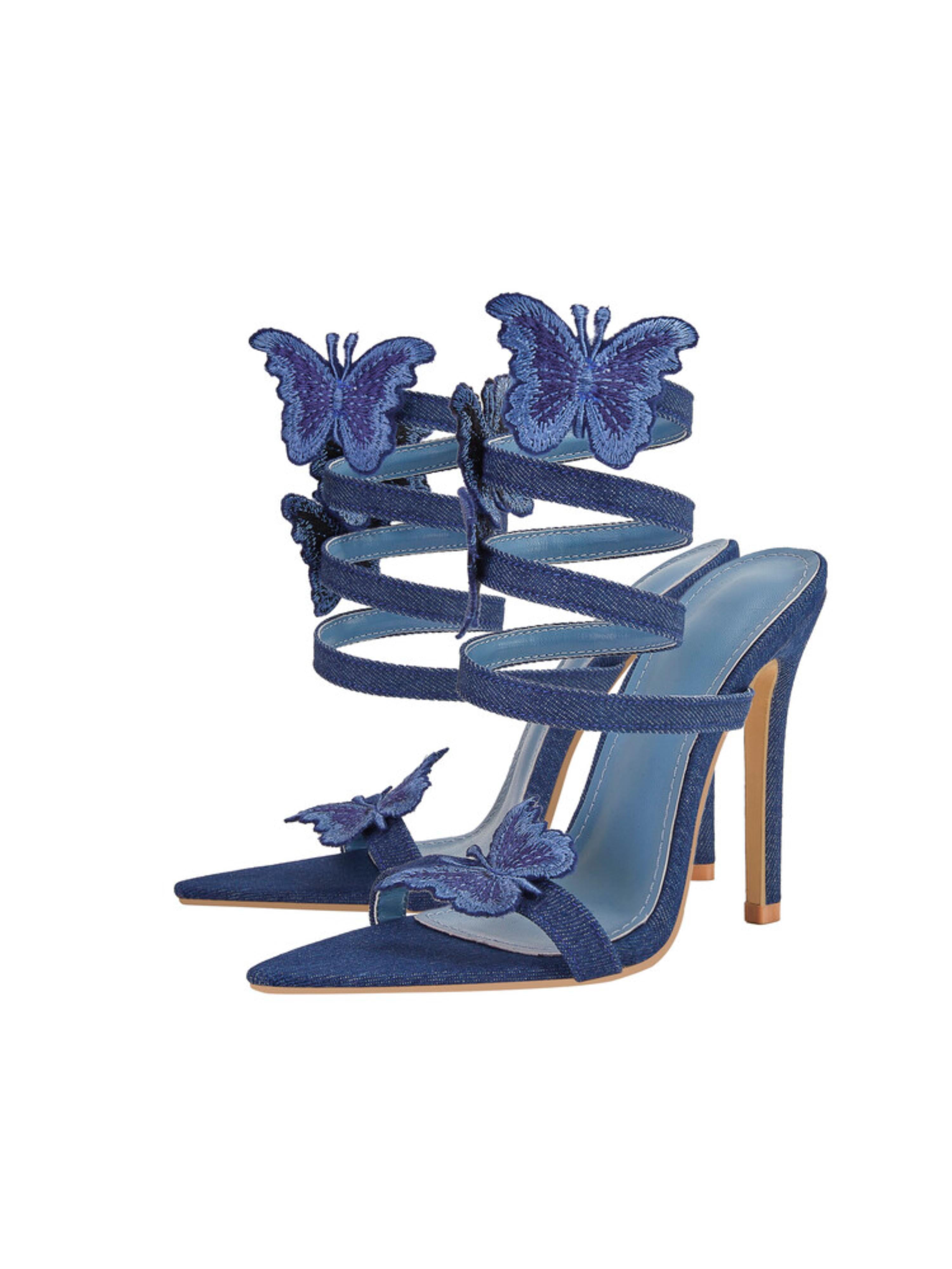 Butterfly Charm Denim Stiletto Sandals for Women