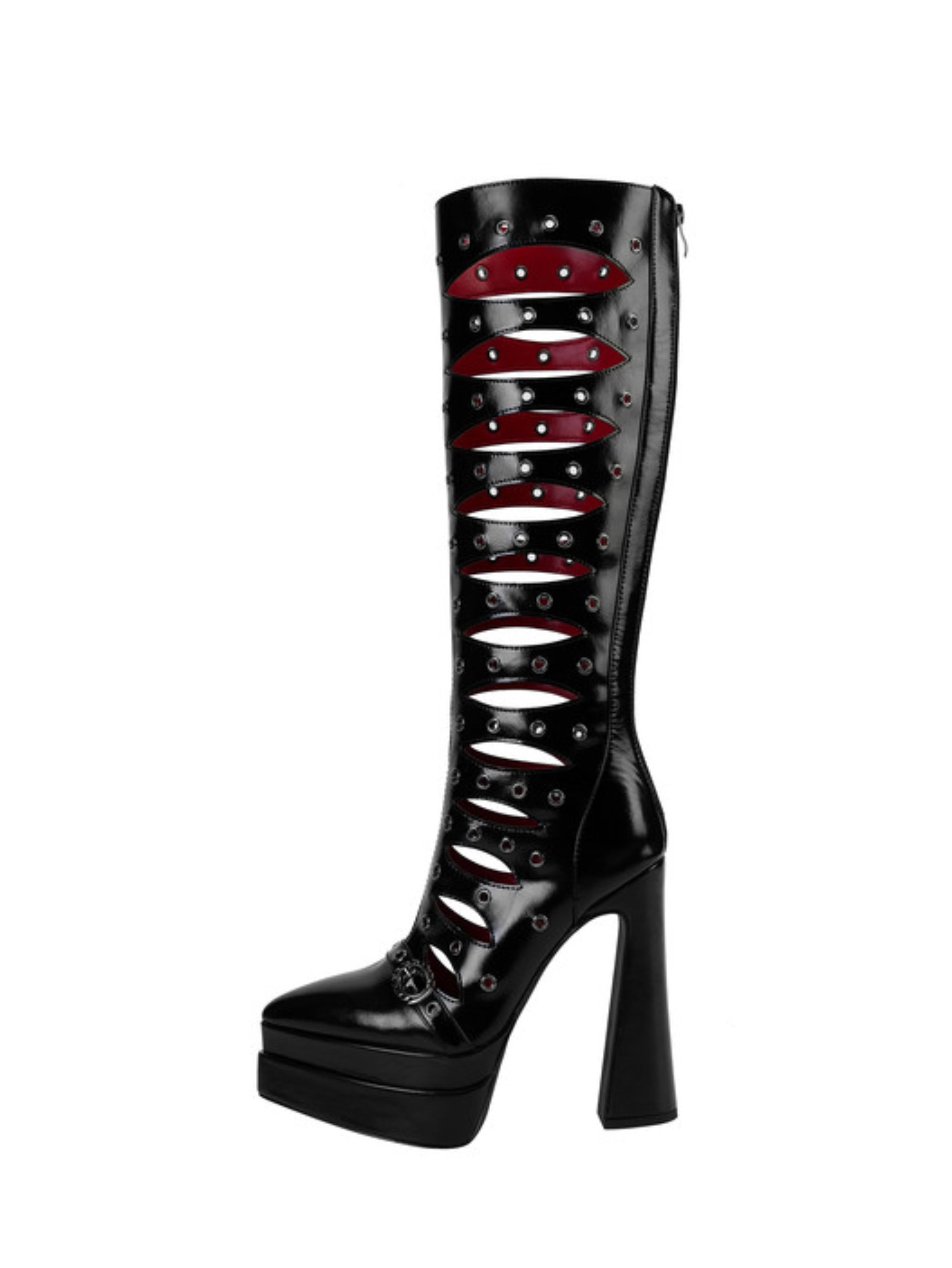 Gothic Cutout Platform Knee-High Boots Black Sandals for Women