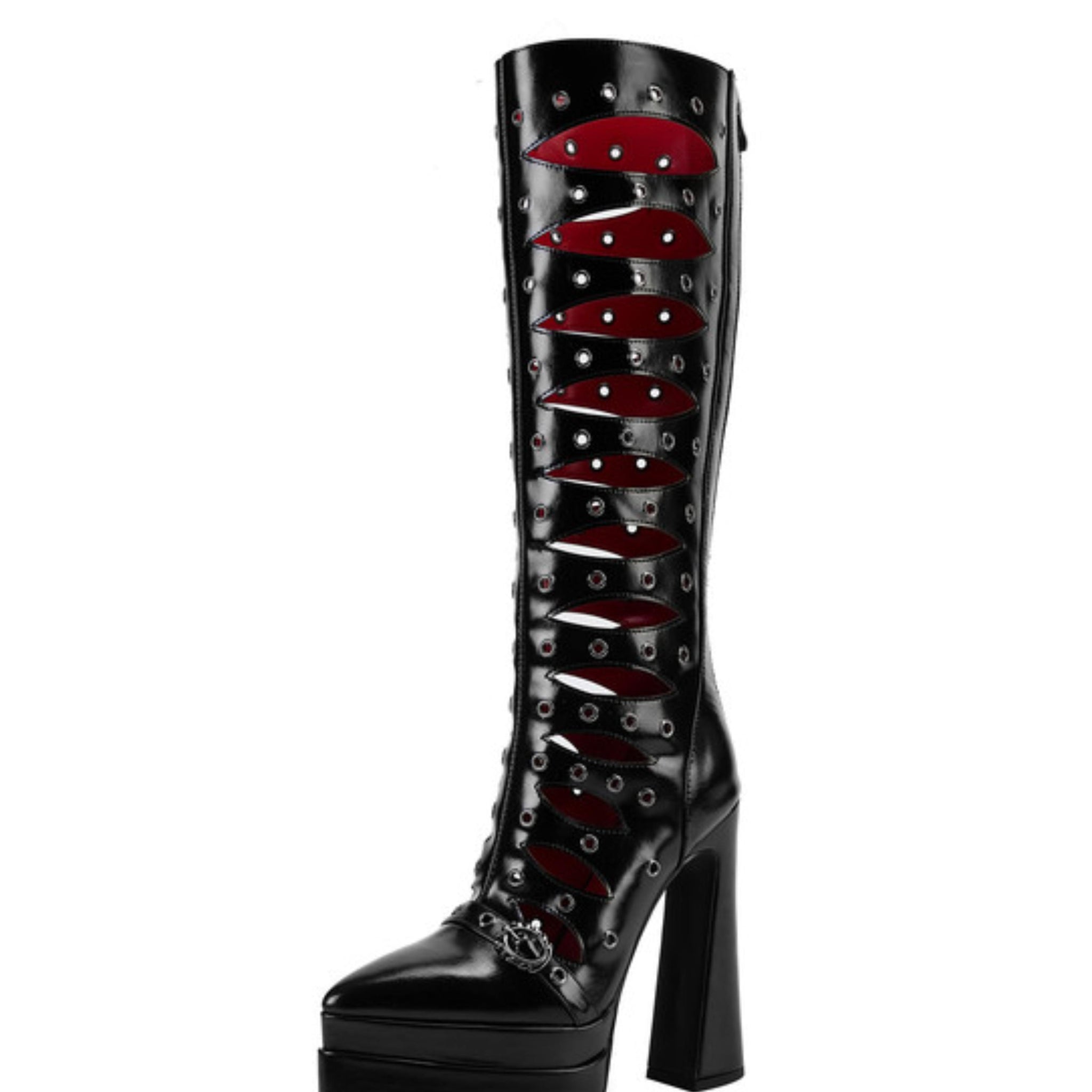 Gothic Cutout Platform Knee-High Boots Black Sandals for Women