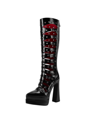 Gothic Cutout Platform Knee-High Boots Black Sandals for Women