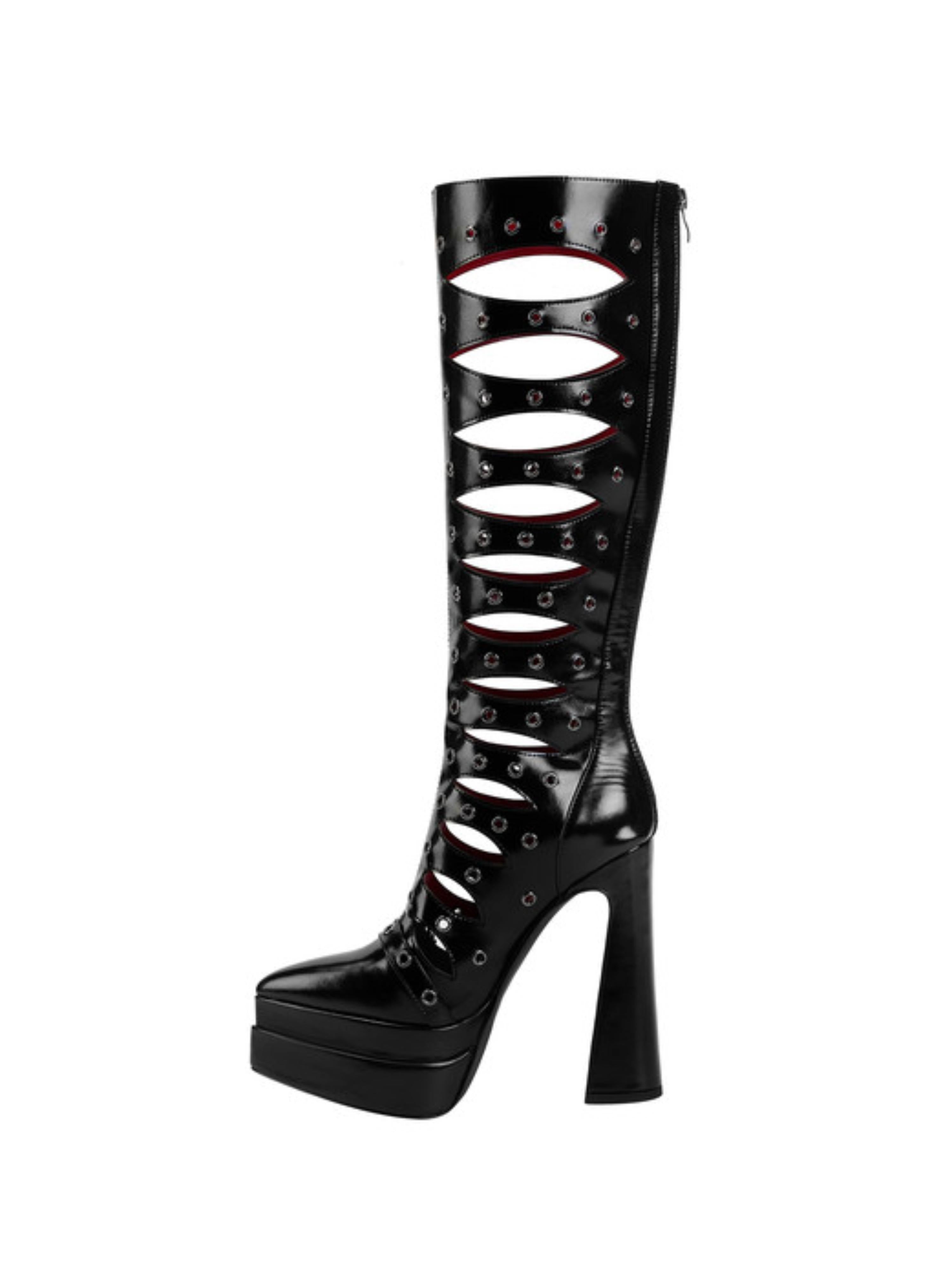 Gothic Cutout Platform Knee-High Boots Black Sandals for Women