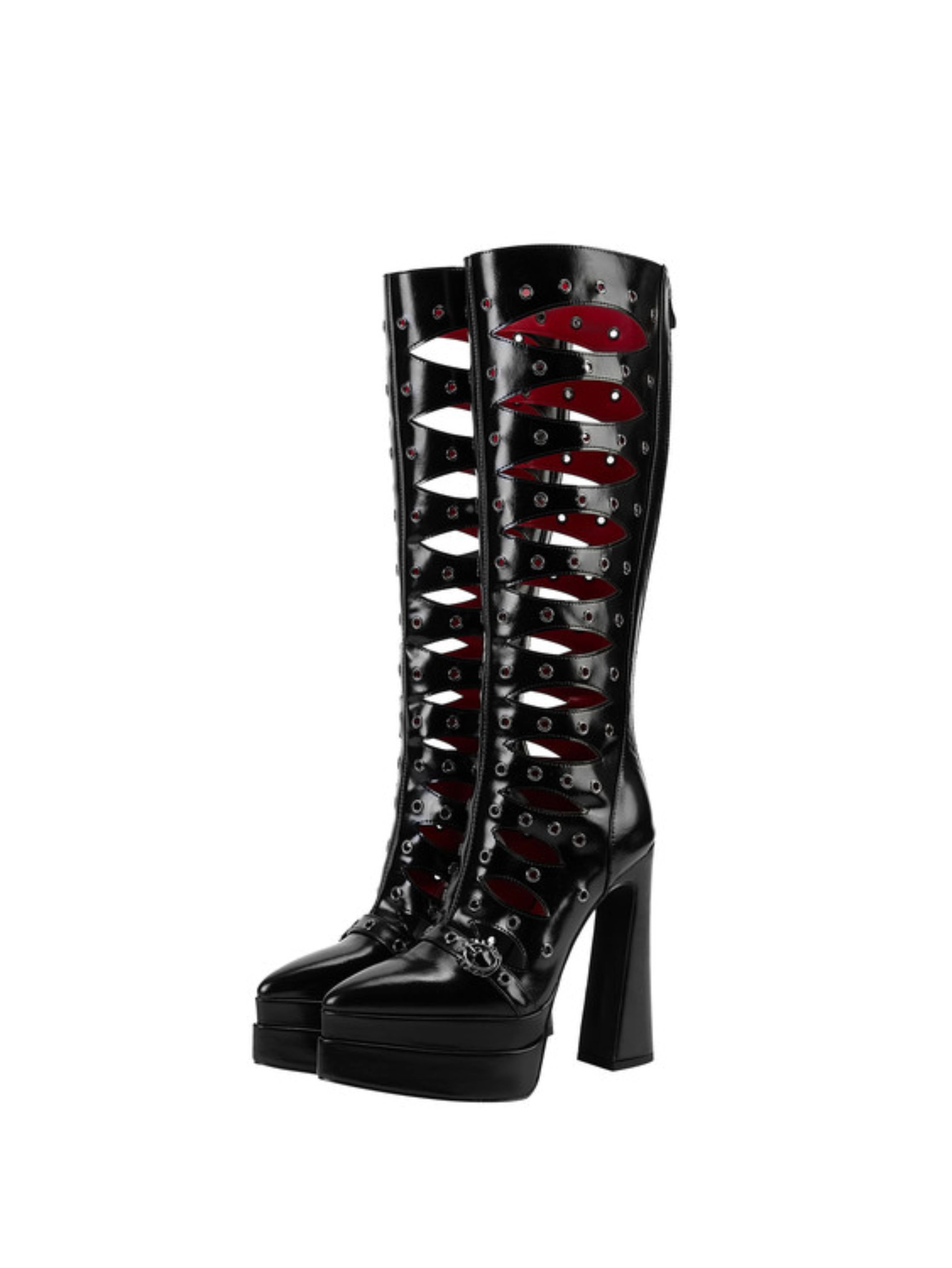 Gothic Cutout Platform Knee-High Boots Black Sandals for Women