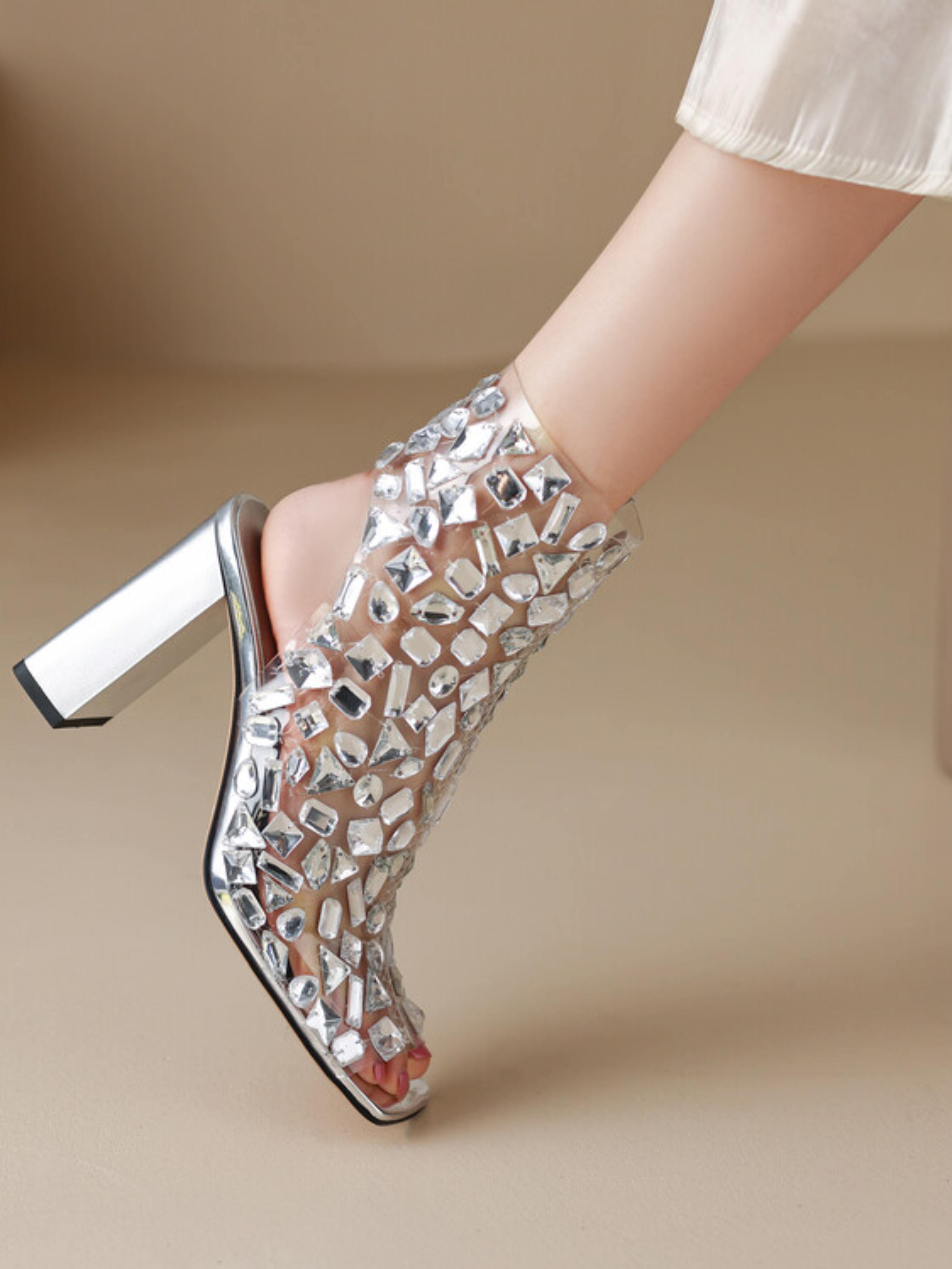 Clear Rhinestone Ankle Boots with Side Zipper Sandals for Women