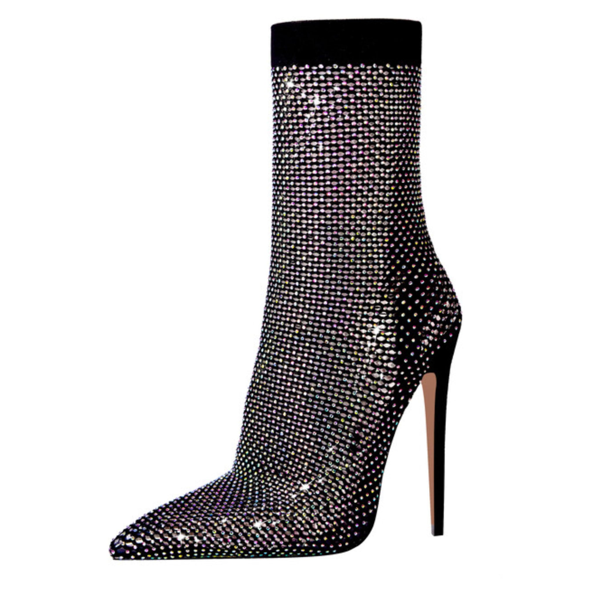 Sparkly Rhinestone Stiletto Sock Boots Sandals for Women in Black