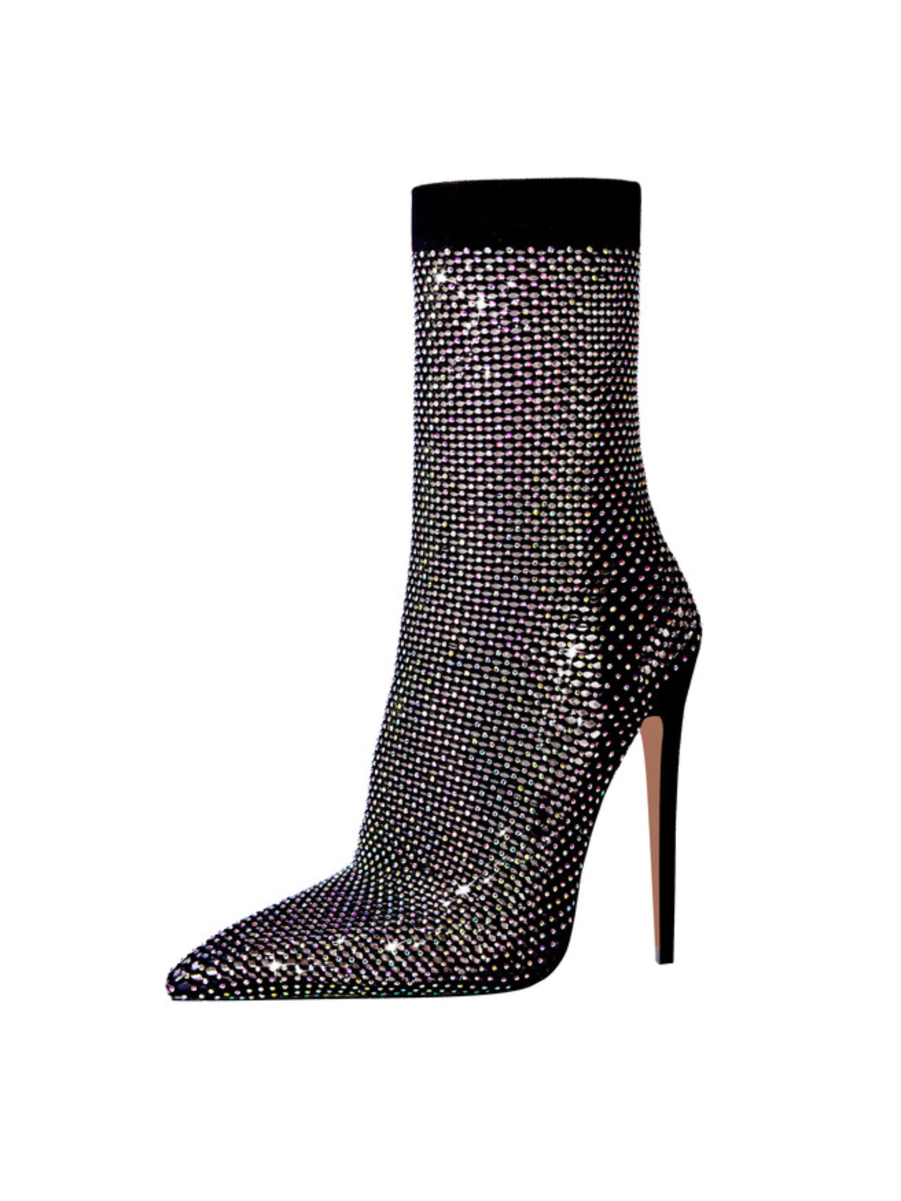 Sparkly Rhinestone Stiletto Sock Boots Sandals for Women in Black