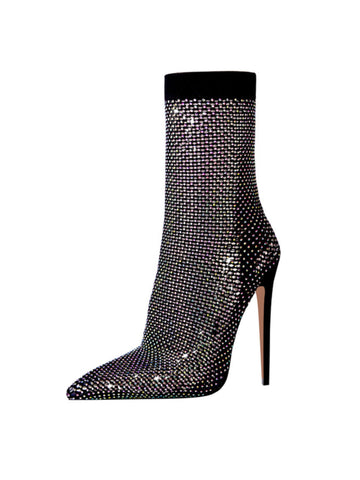 Sparkly Rhinestone Stiletto Sock Boots Sandals for Women in Black