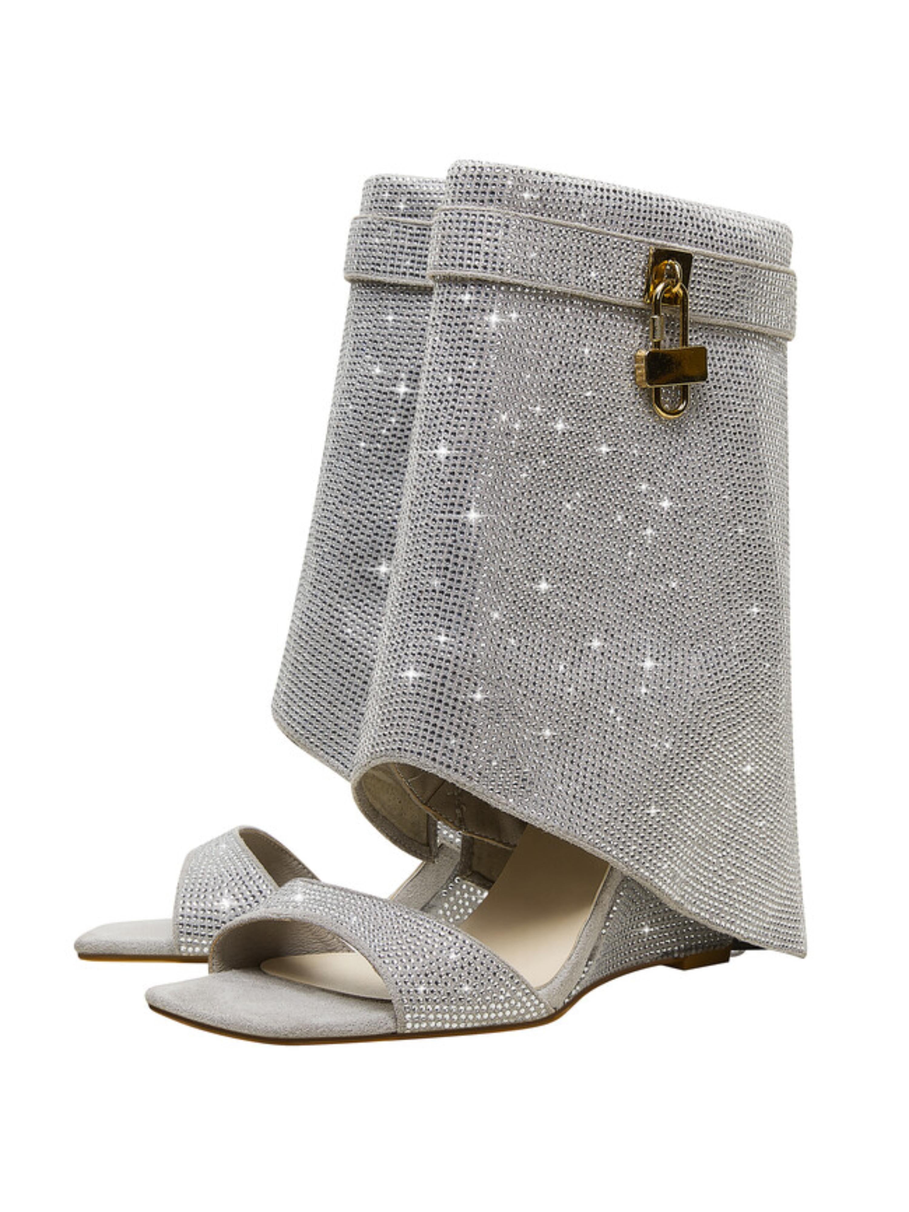 Rhinestone Inlay Ankle Cover Silver Wedges Sandals for Women