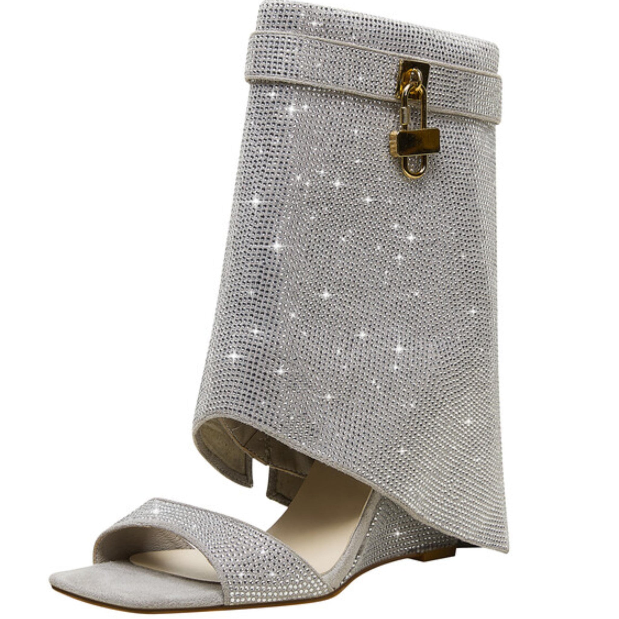 Rhinestone Inlay Ankle Cover Silver Wedges Sandals for Women