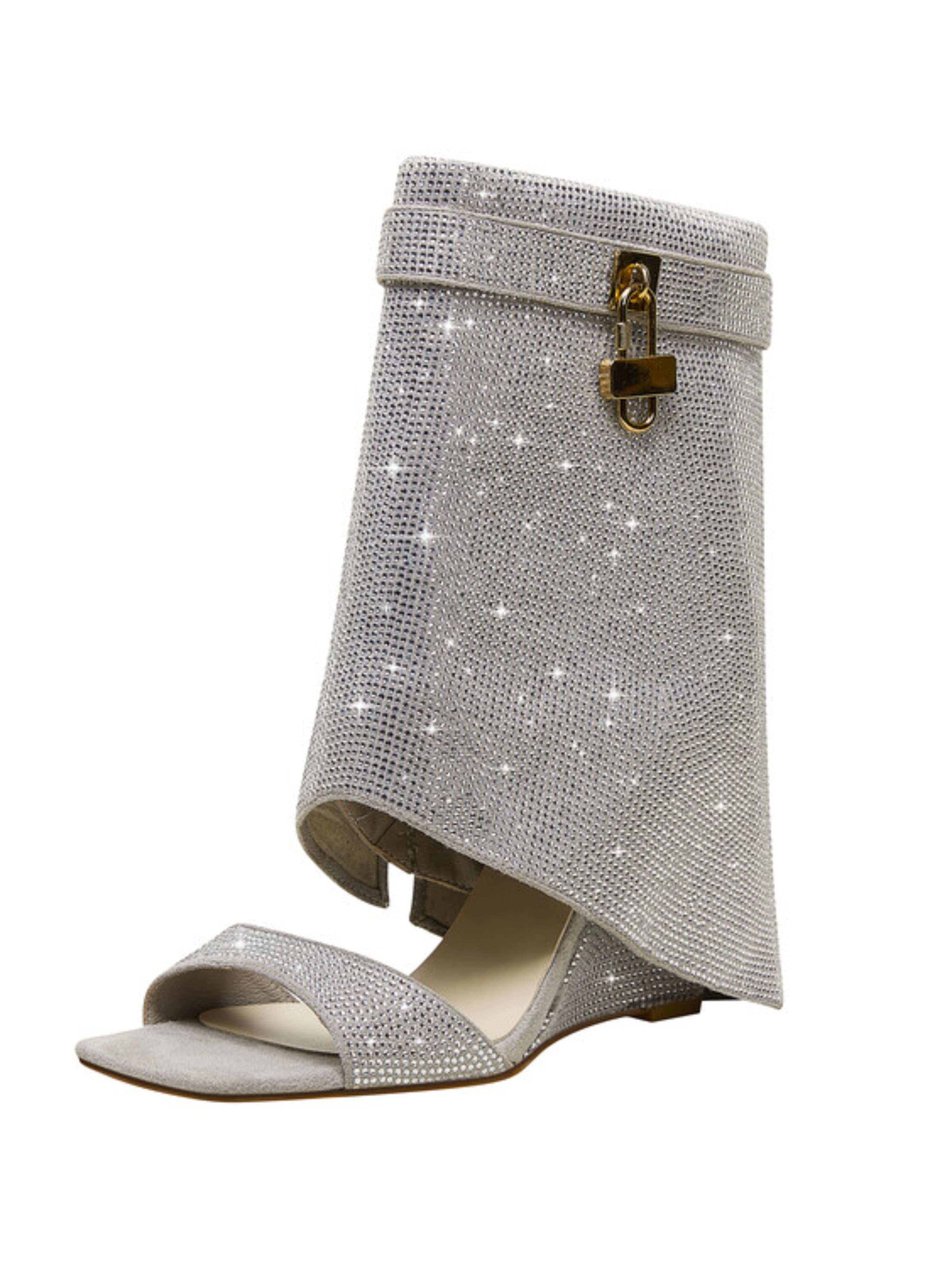 Rhinestone Inlay Ankle Cover Silver Wedges Sandals for Women