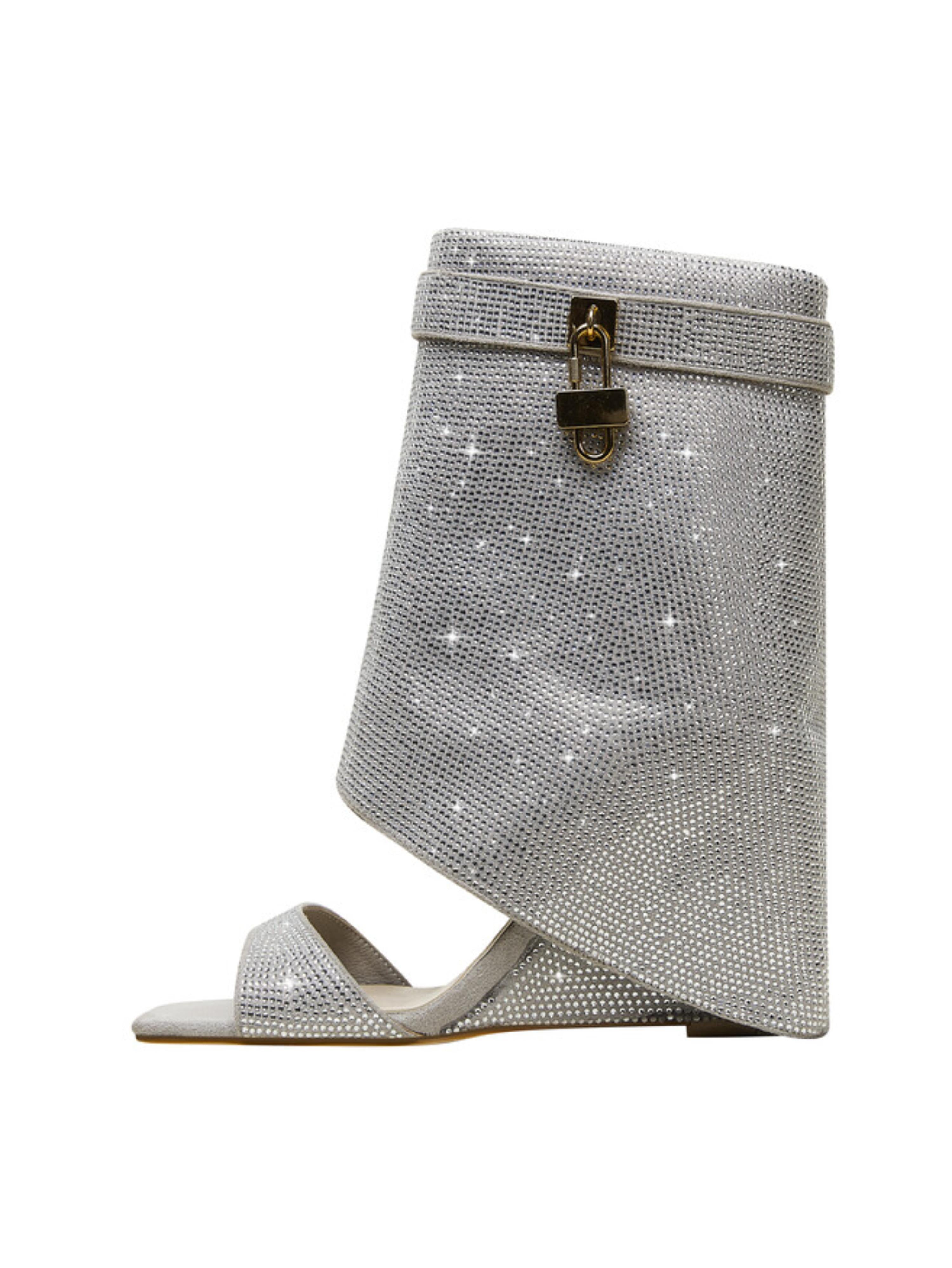 Rhinestone Inlay Ankle Cover Silver Wedges Sandals for Women