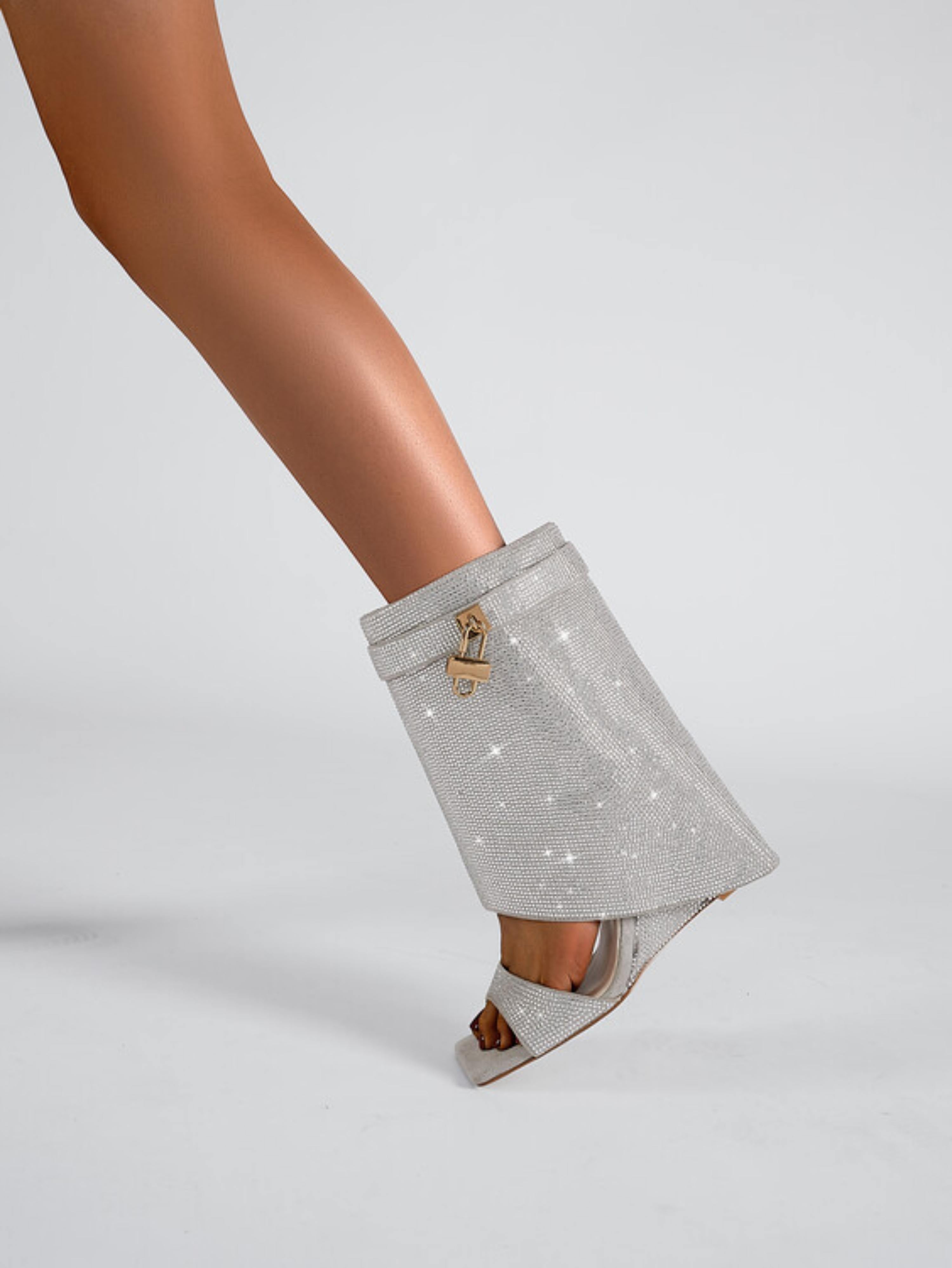 Rhinestone Inlay Ankle Cover Silver Wedges Sandals for Women