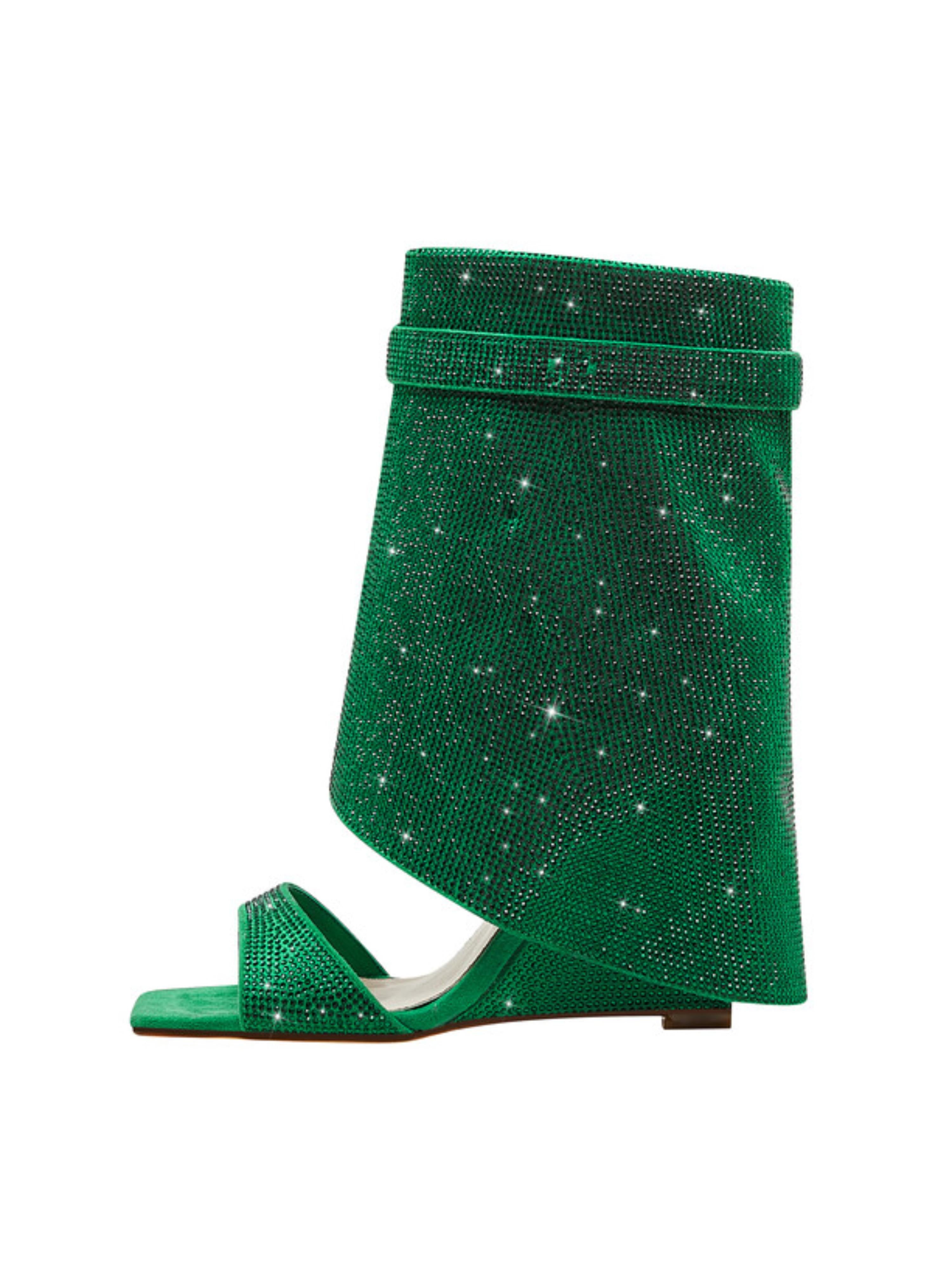 Green Rhinestone Ankle Cover Wedge Square Toe Sandals for Women