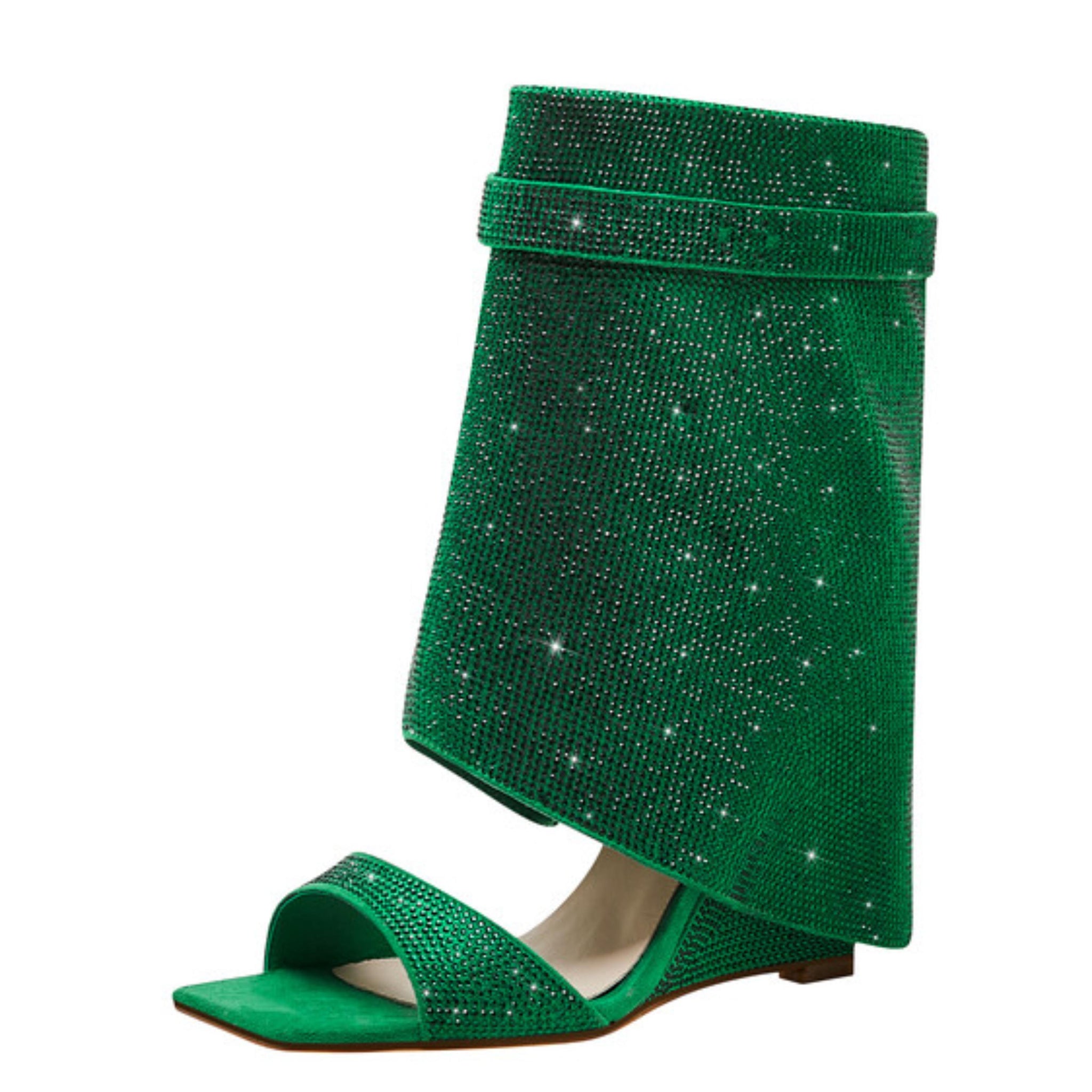 Green Rhinestone Ankle Cover Wedge Square Toe Sandals for Women