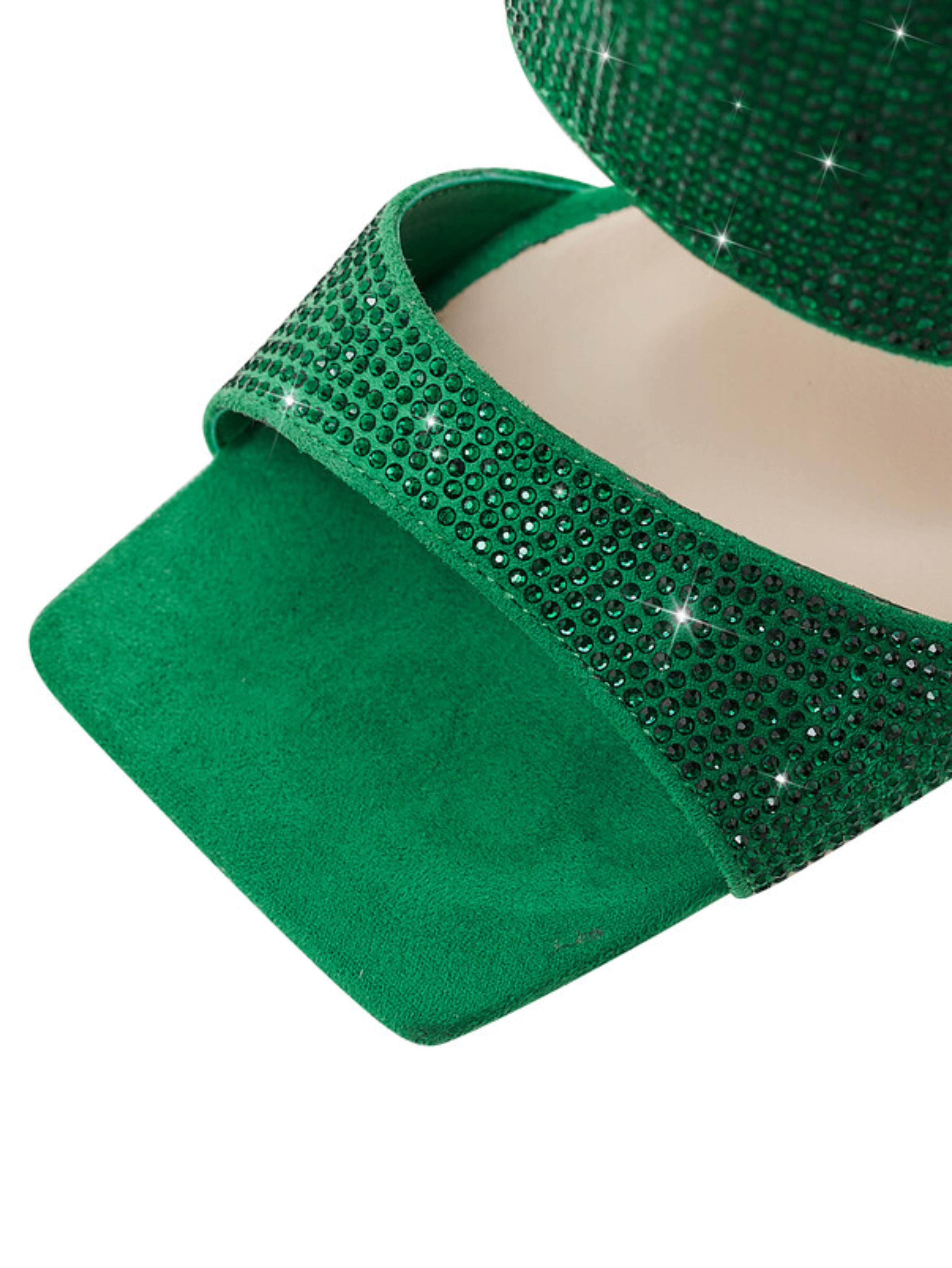 Green Rhinestone Ankle Cover Wedge Square Toe Sandals for Women