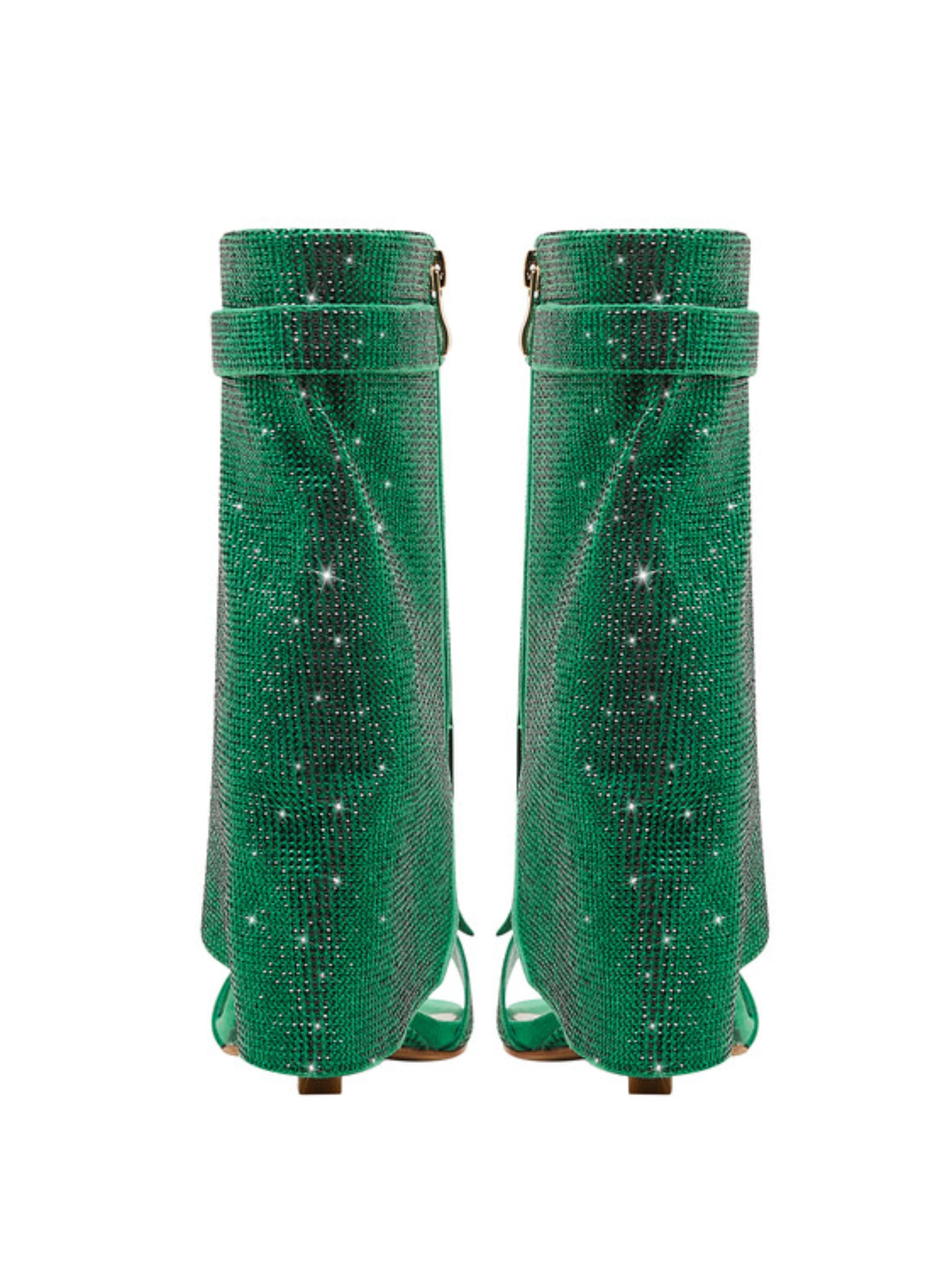 Green Rhinestone Ankle Cover Wedge Square Toe Sandals for Women