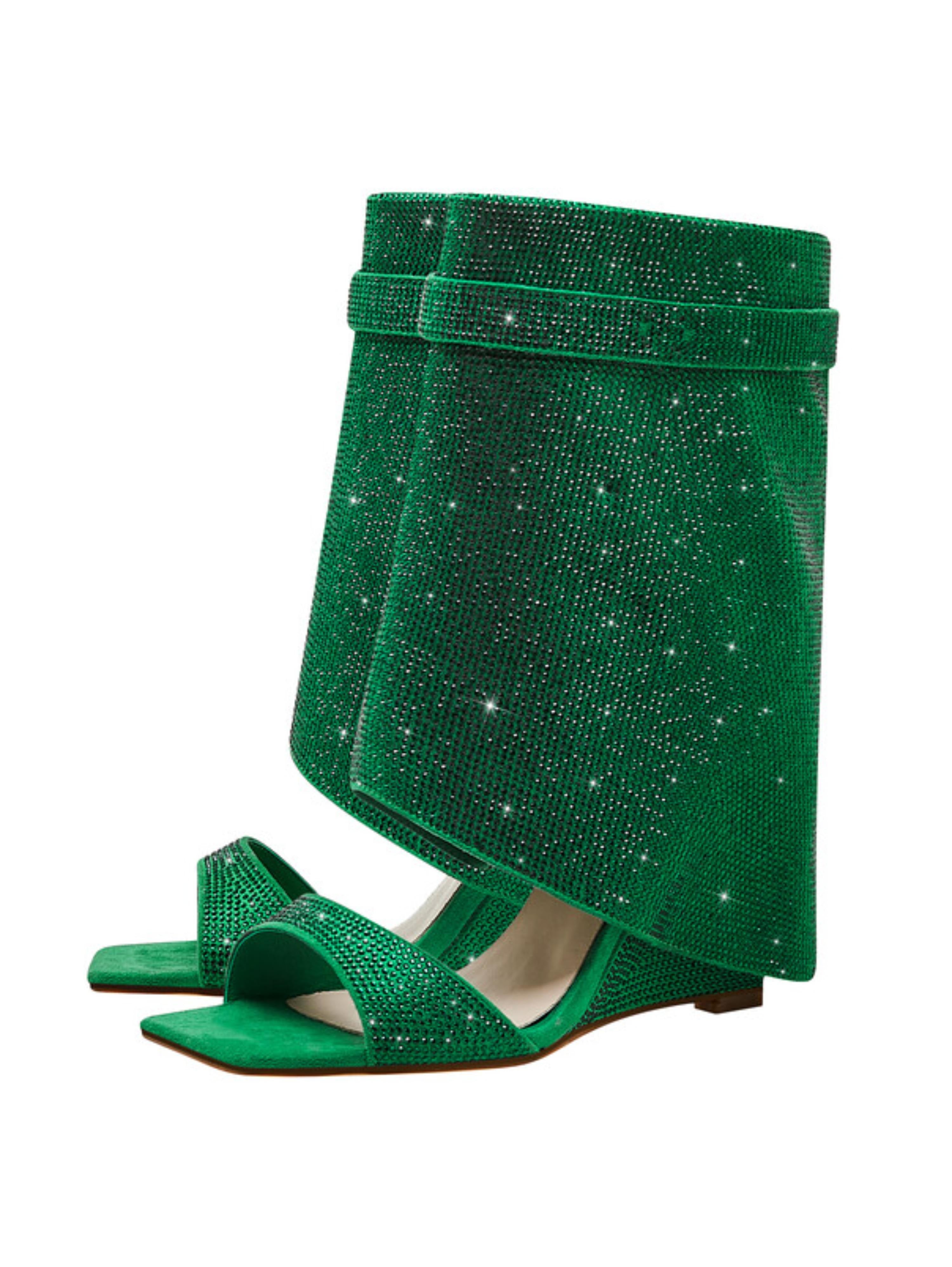 Green Rhinestone Ankle Cover Wedge Square Toe Sandals for Women