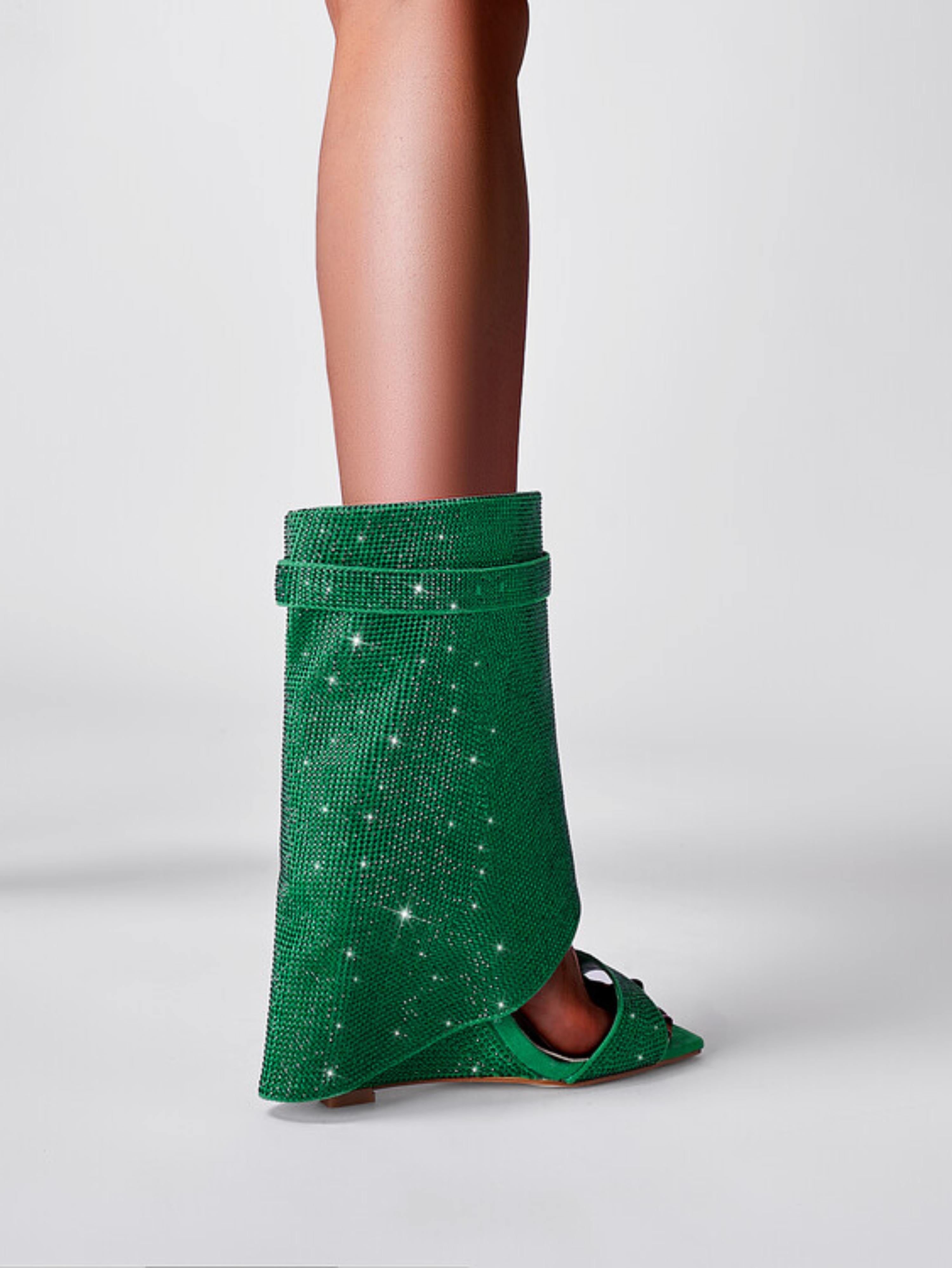 Green Rhinestone Ankle Cover Wedge Square Toe Sandals for Women