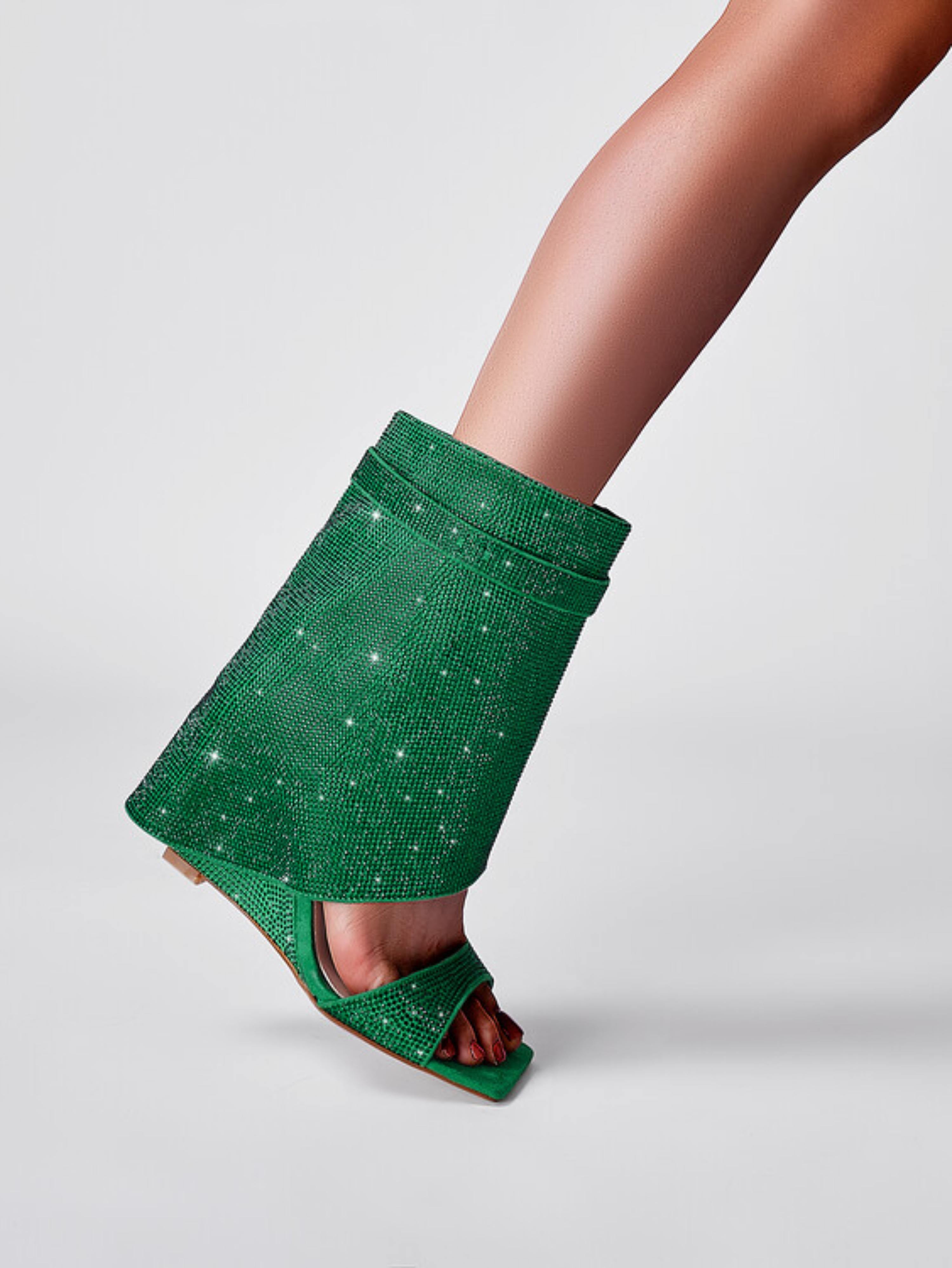 Green Rhinestone Ankle Cover Wedge Square Toe Sandals for Women