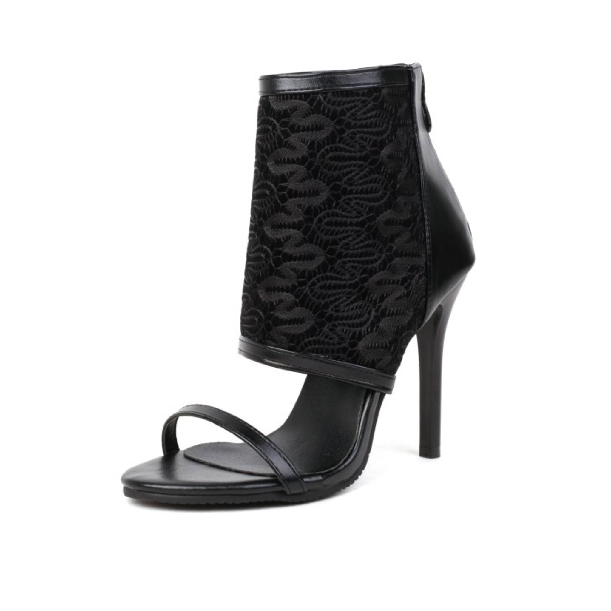 Black Fabric Ankle Strap Stiletto Party Heel Sandals for Women