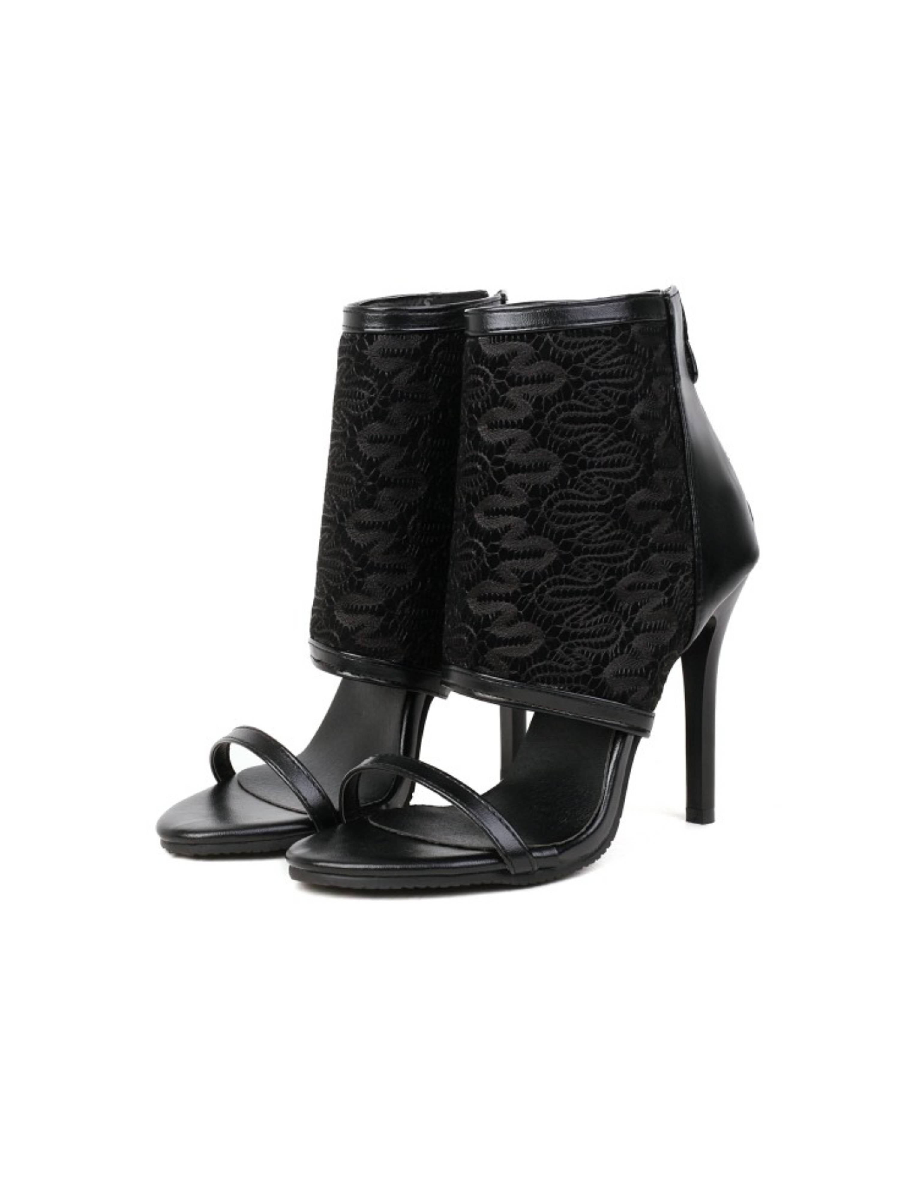 Black Fabric Ankle Strap Stiletto Party Heel Sandals for Women