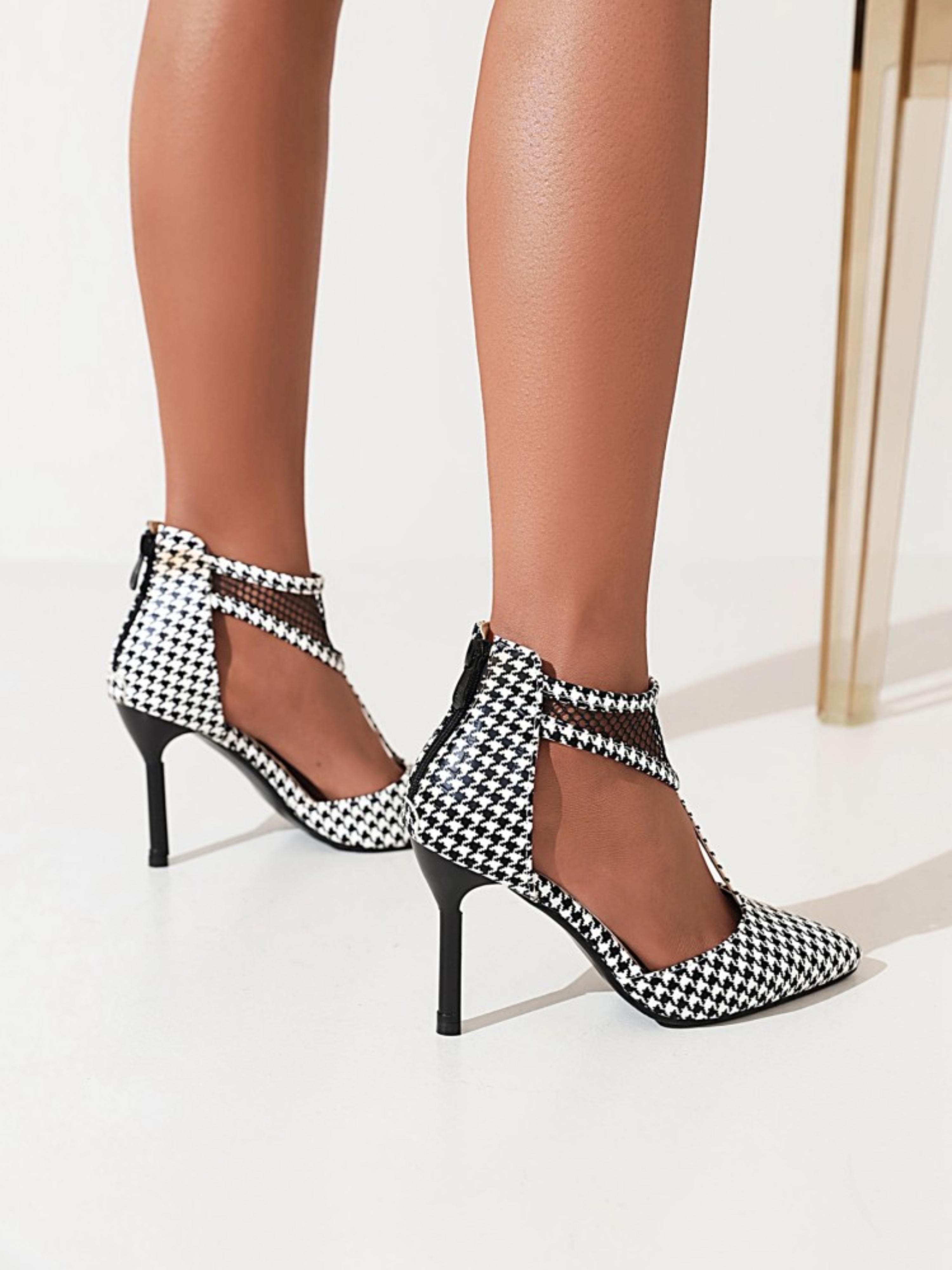 Monochrome Muse Houndstooth Stilettos Comfy Women's Sandals