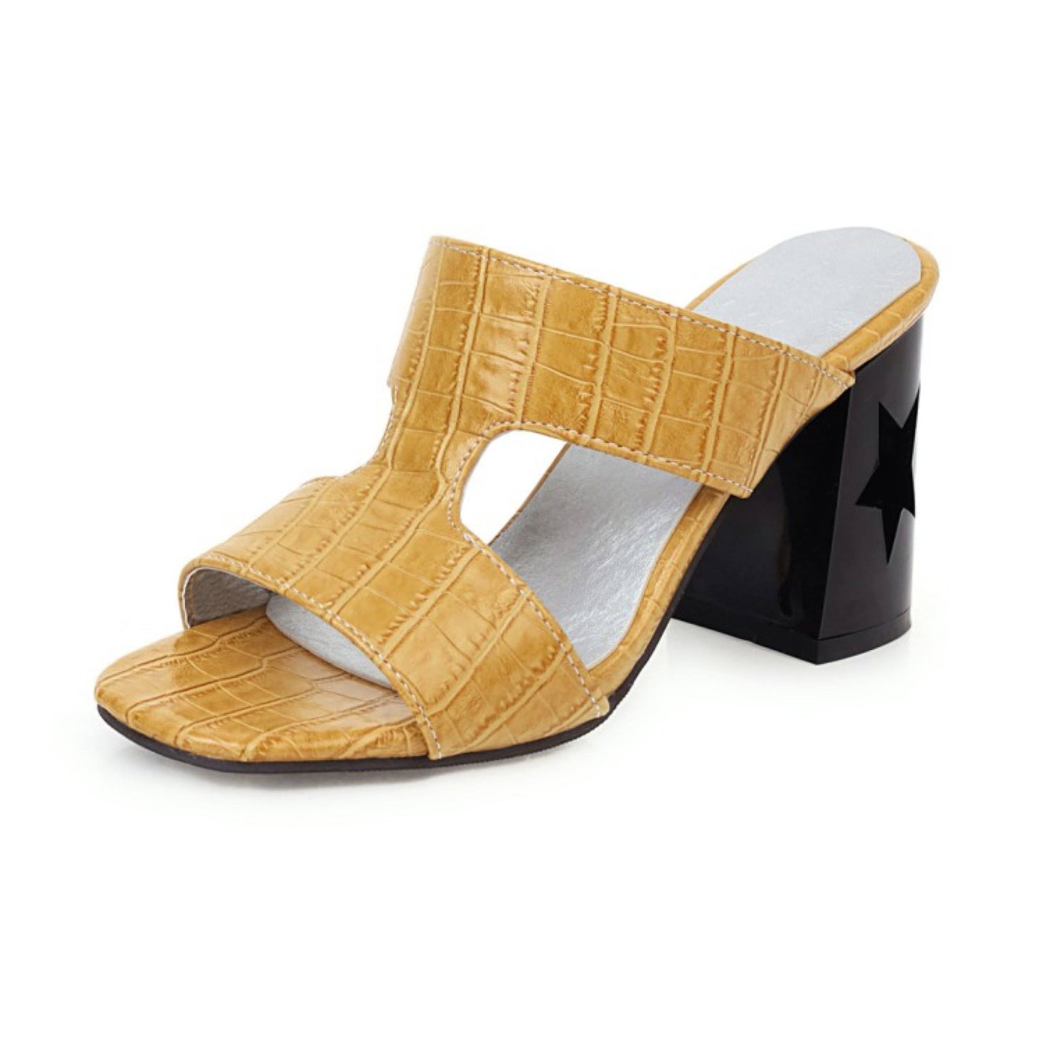 Yellow high-heeled sandal with black heel