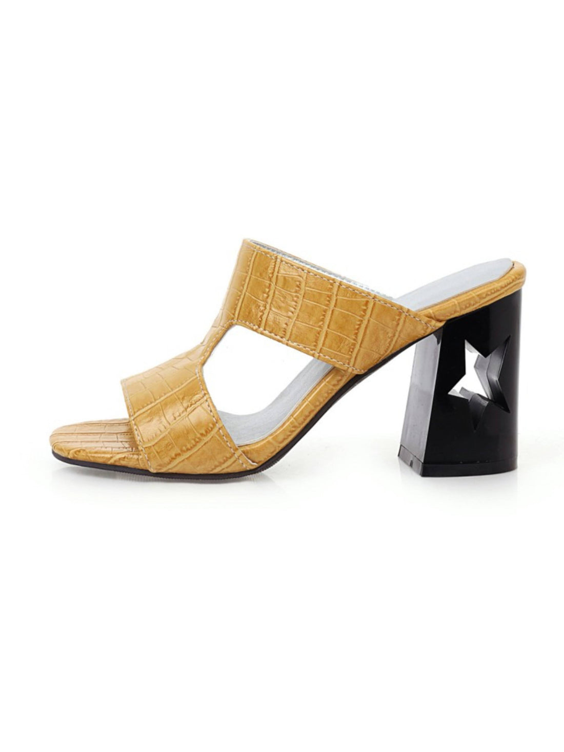 Yellow high-heeled sandal with black heel