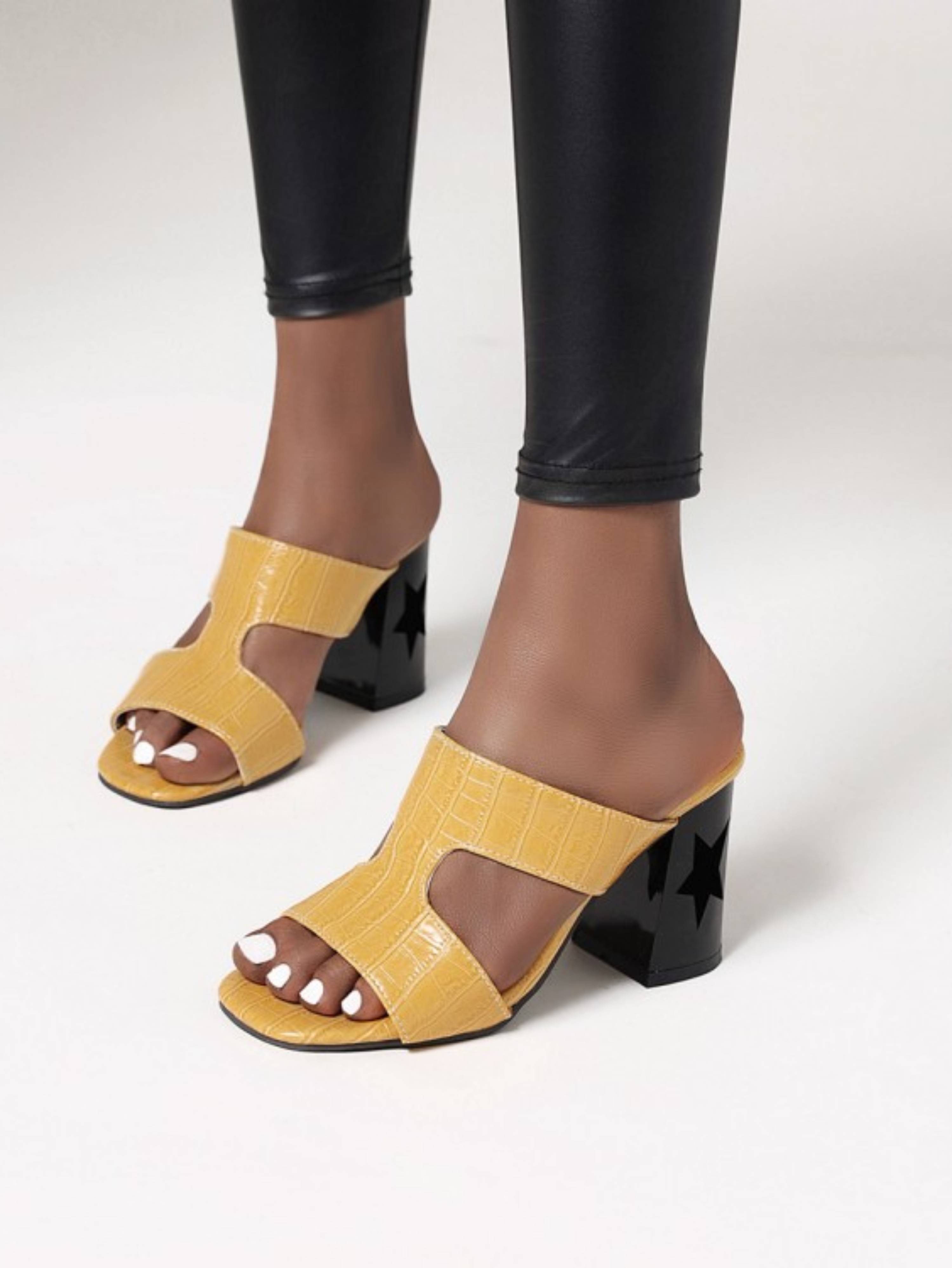 Yellow Sandals for Women Block Heel with Cut-Out Star