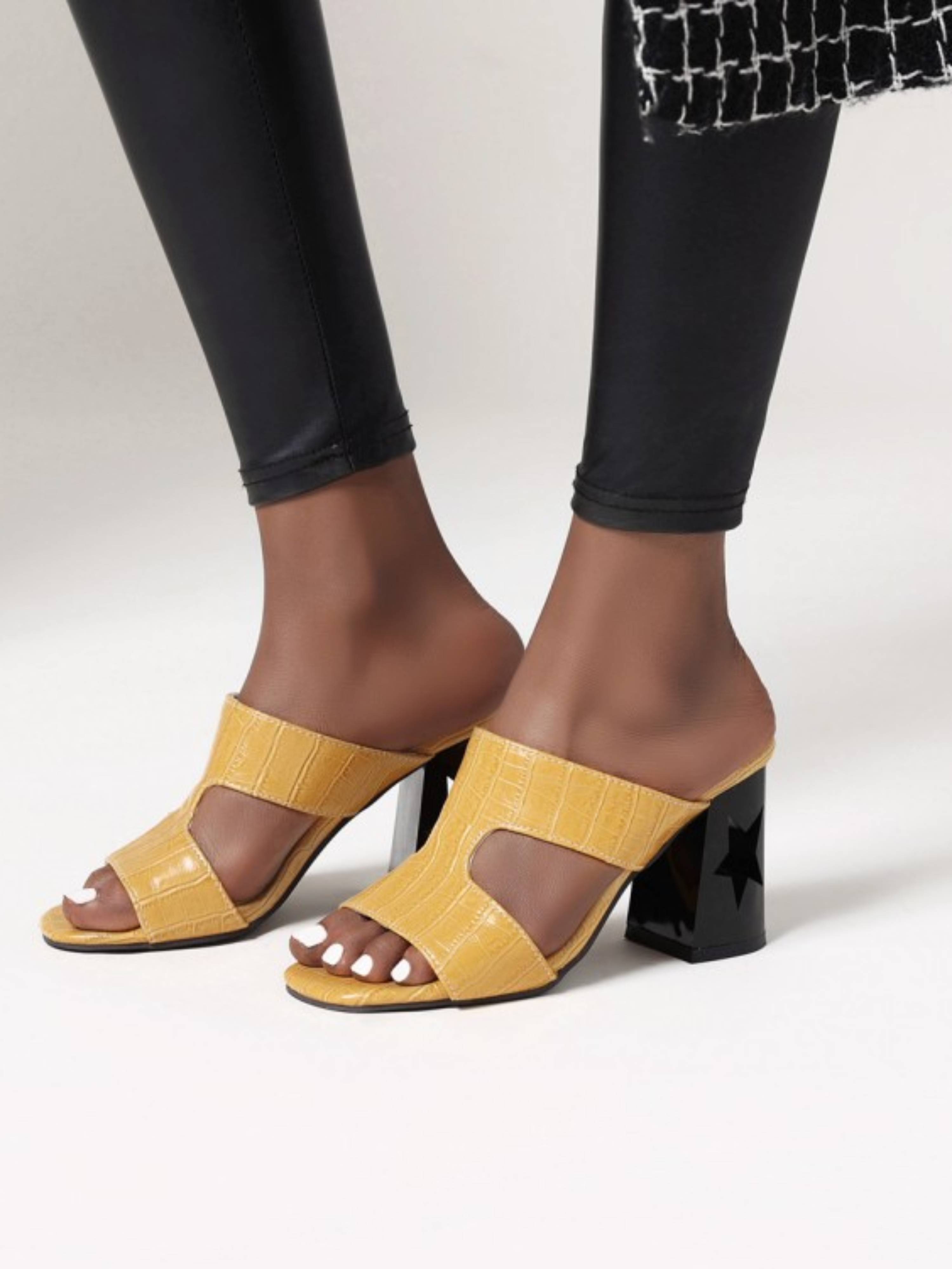 Yellow Sandals for Women Block Heel with Cut-Out Star