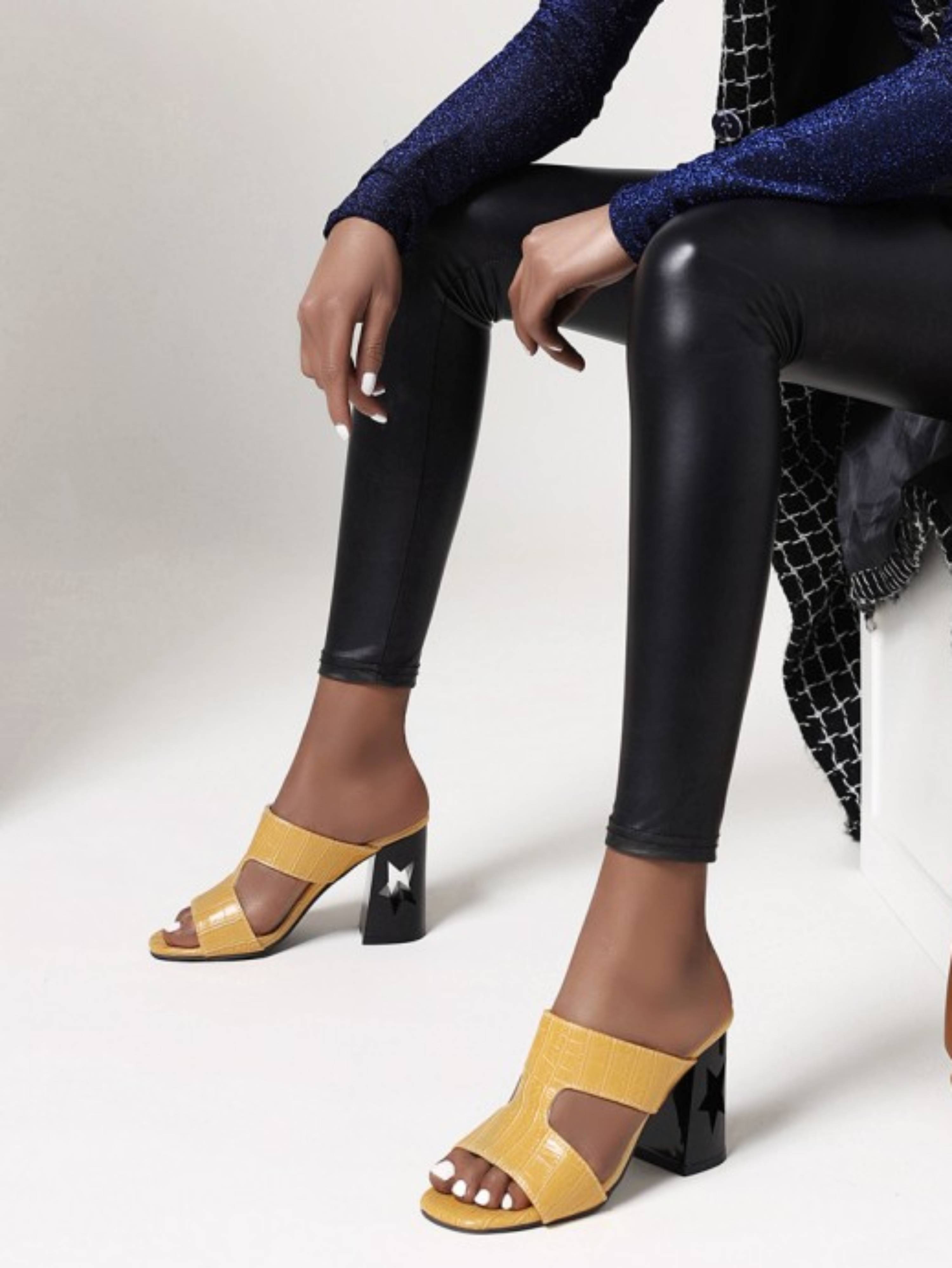 Yellow Sandals for Women Block Heel with Cut-Out Star