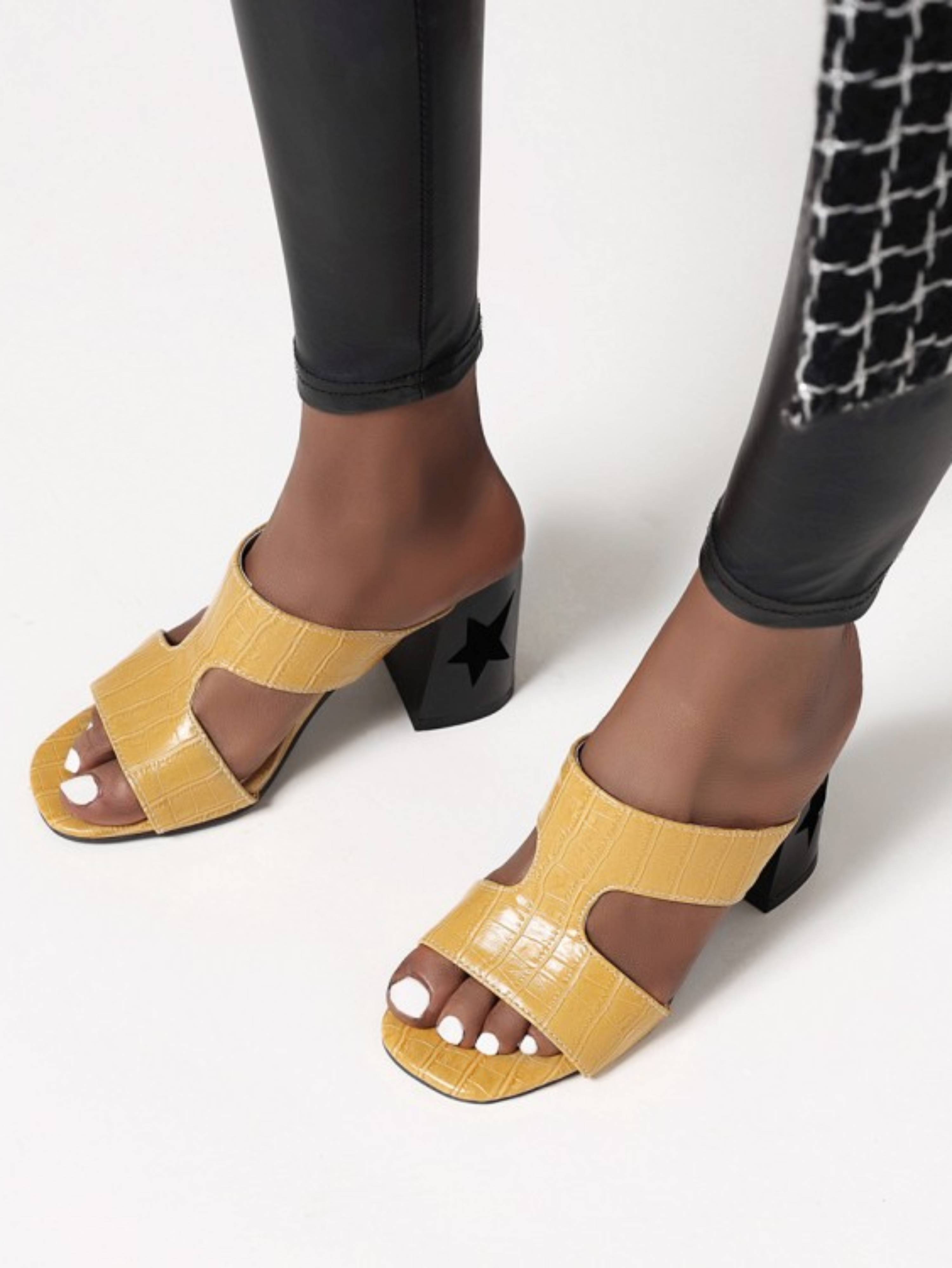 Yellow Sandals for Women Block Heel with Cut-Out Star